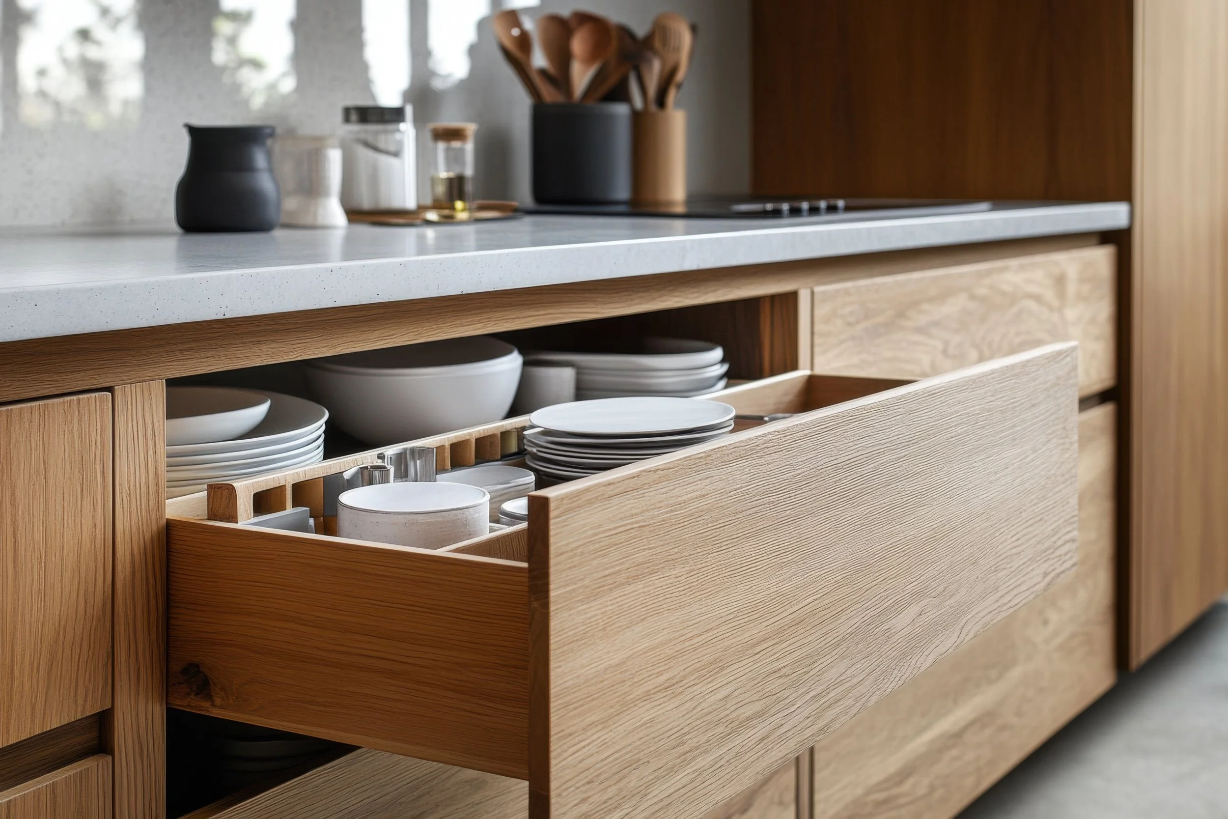 Luxury kitchen organization with neatly arranged plates and storage containers in a custom wood drawer by RC Organize & Design, Boston.