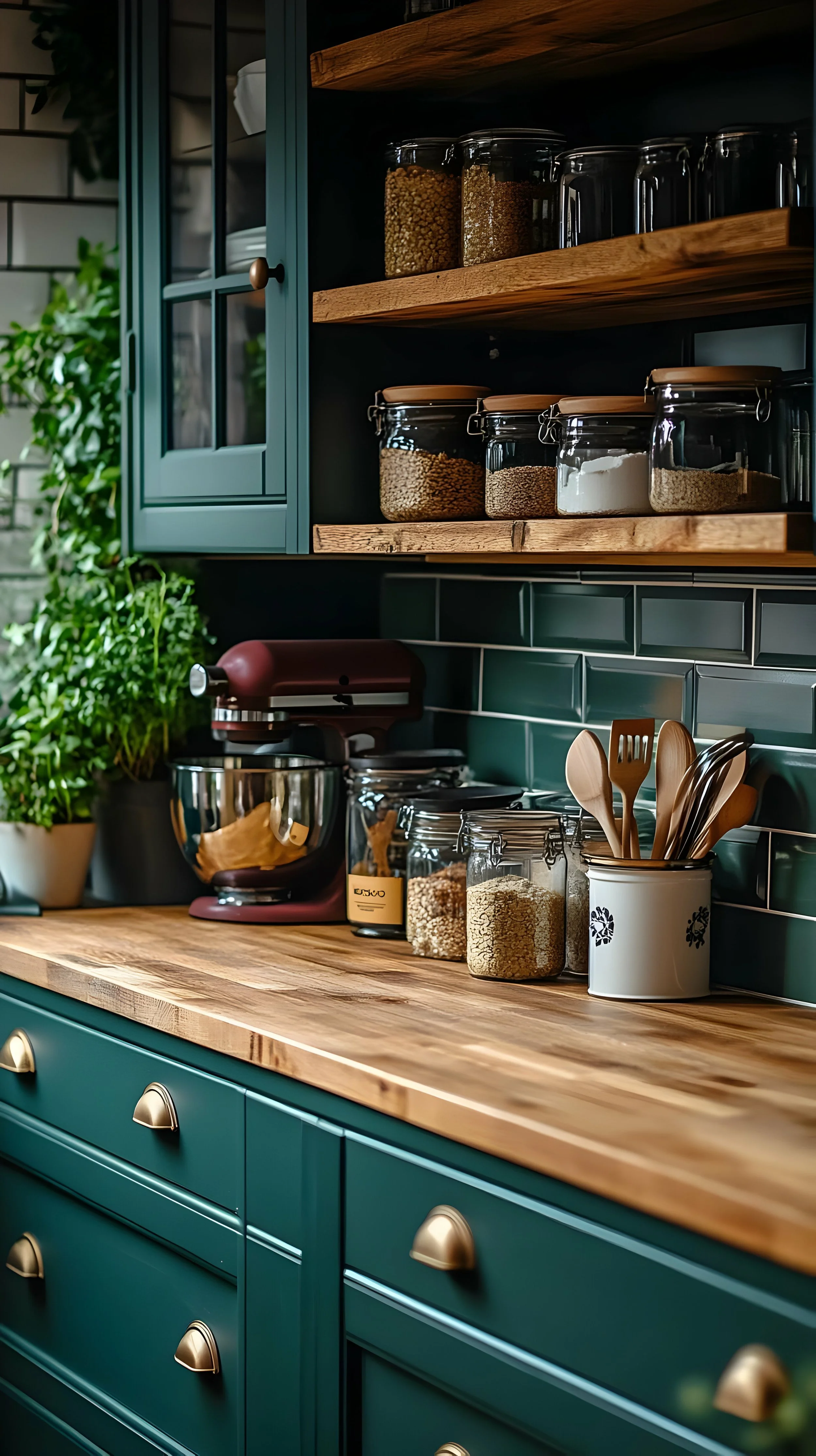 Organized kitchen with green cabinets, open wood shelves, and glass jars storing pantry staples.