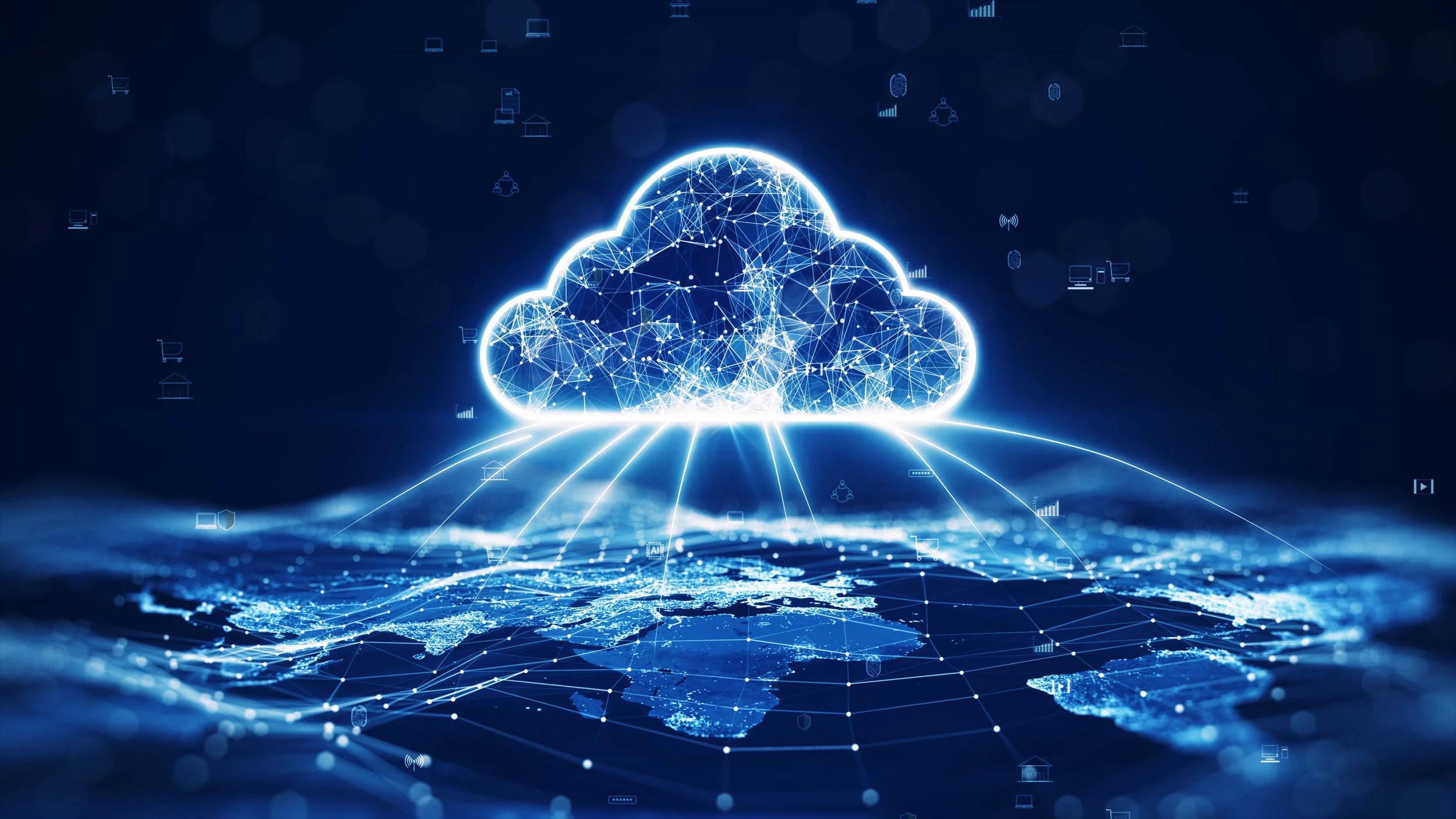 A digital illustration of a glowing cloud surrounded by interconnected data points and lines, representing cloud computing and data network concepts, with a world map in the background.