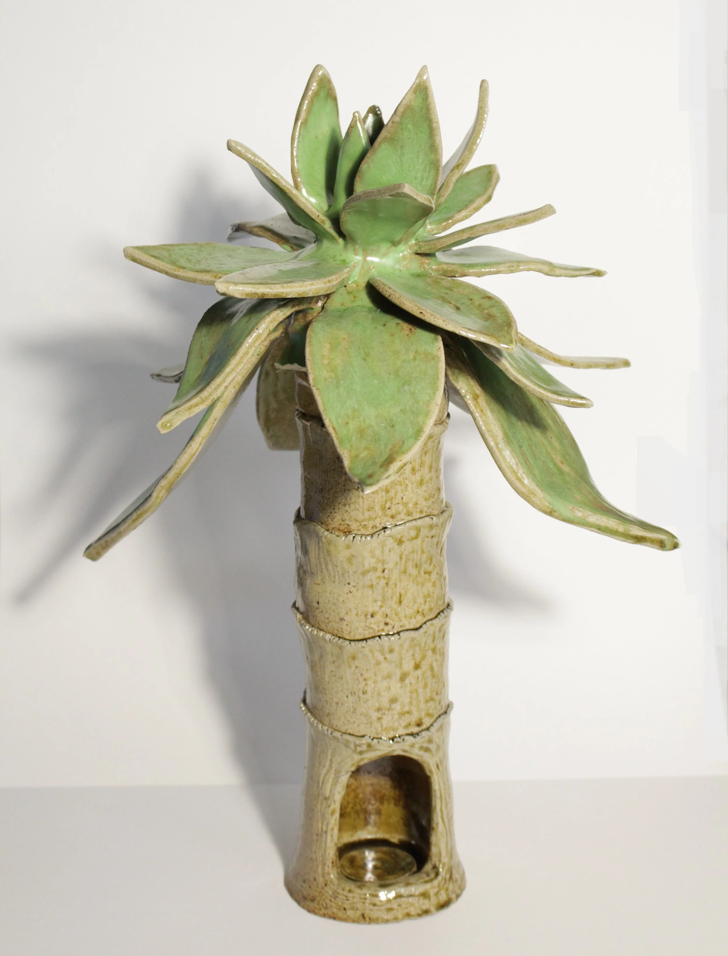 "Endangered Palm" 2025, 15 x 8 x 6, Woodfired stoneware, iron oxide wash, glaze