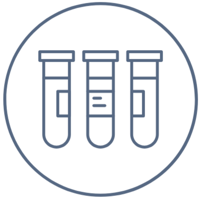 Line of three test tubes inside a circle outline, with minimalistic design.