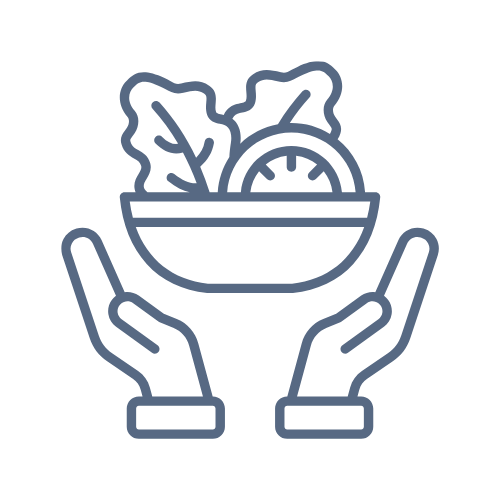 Outline drawing of hands holding a bowl of salad with lettuce and other vegetables.