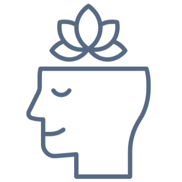 Line drawing of a human head with a lotus flower on top and closed eyes, representing mindfulness or meditation.