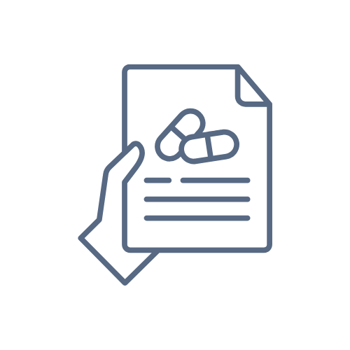 Icon of a hand holding a prescription paper with pills and lines of text.