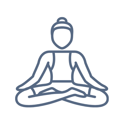 Line drawing of a person sitting cross-legged in a meditation pose with hands resting on knees, hair tied up.