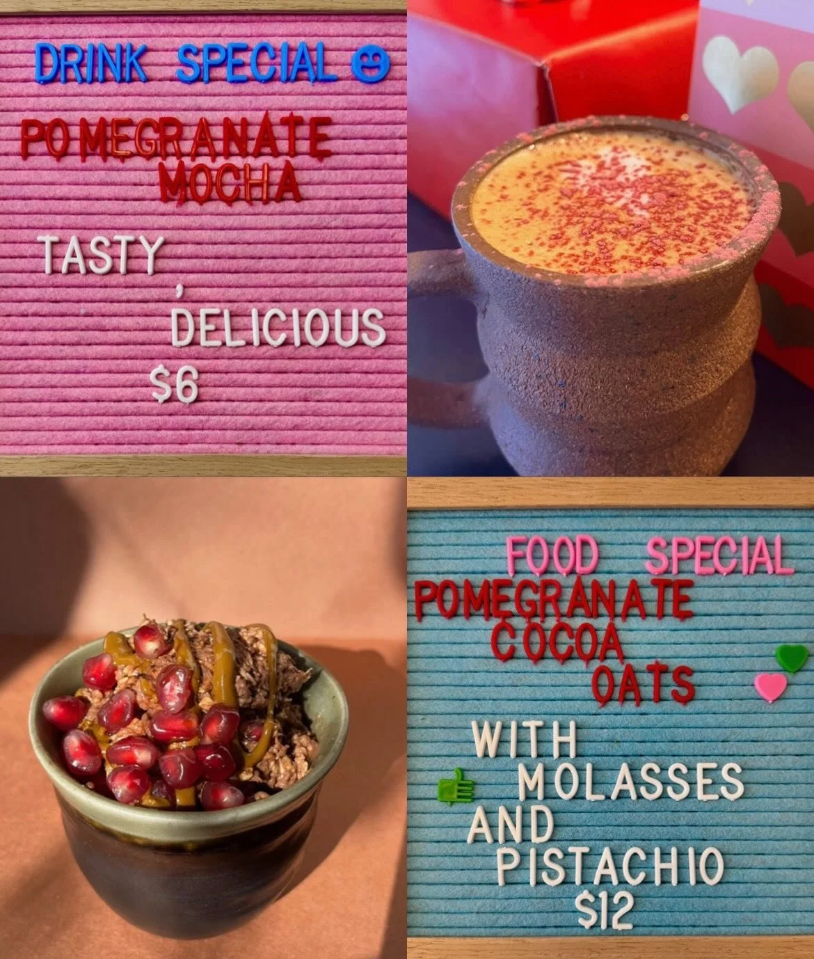 It&rsquo;s getting cute in here 🤭 

Grab some chocolatey overnight oats with pomegranate, cacao nibs &amp; pistachio butter for you, and rich pomegranate mocha for your sweetie 💘 

Don&rsquo;t forget a valentine 💌