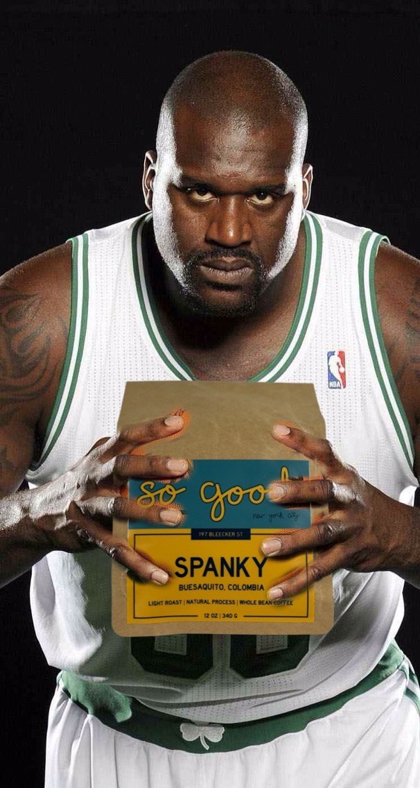 Photoshopped image of Shaq enjoying some So Good coffee.