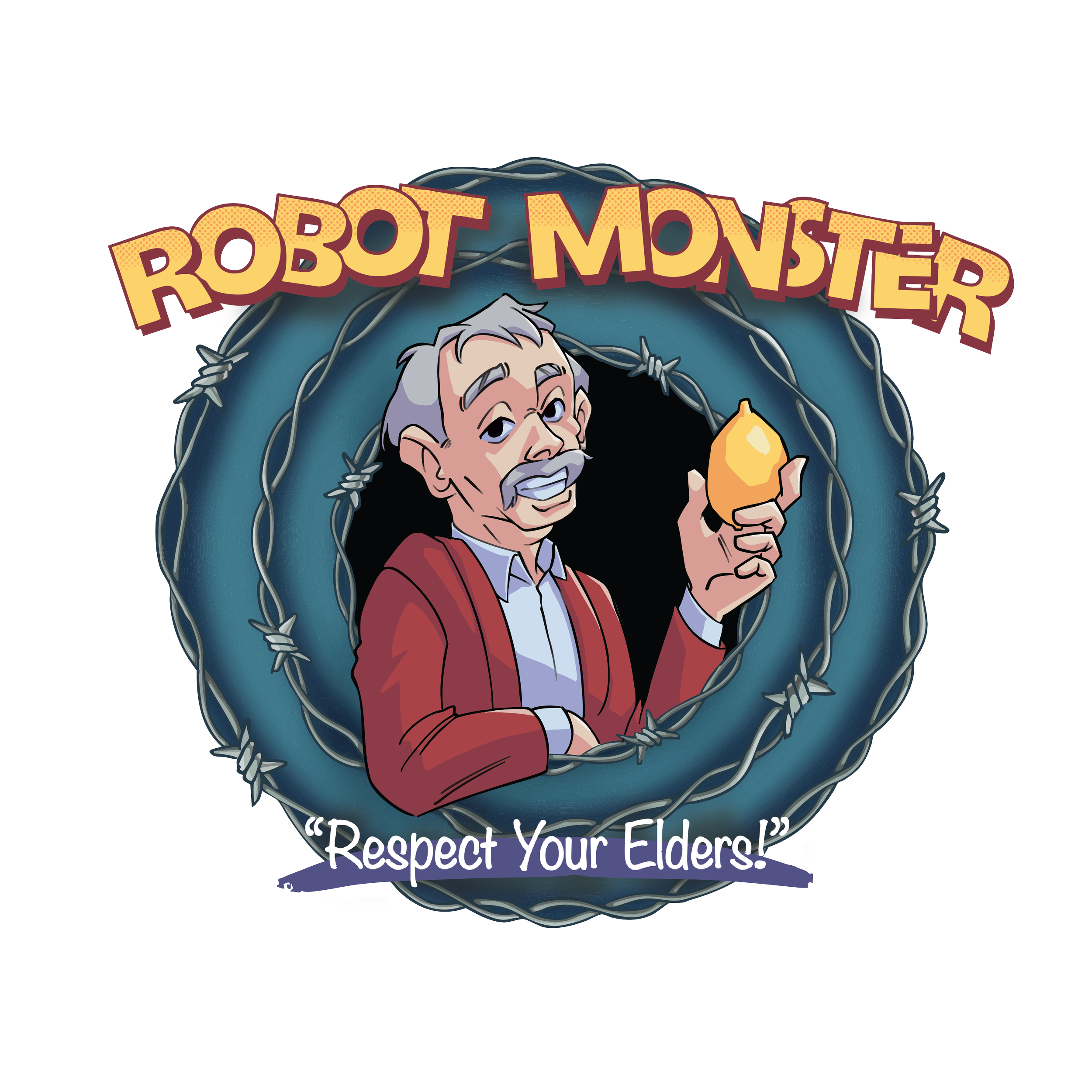 Illustration of an older man with gray hair and a mustache, wearing a red cardigan, holding a yellow lemon. The design includes the text 'Robot Monster' at the top and 'Respect Your Elders!' at the bottom, surrounded by a barbed wire circular border.
