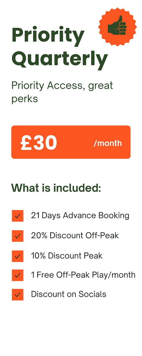 A promotional graphic for Priority Quarterly subscription at £30 per month. Includes benefits such as 21 days' advance booking, discounts on off-peak and peak times, free off-peak play each month, and social discounts, highlighted with checkmarks.