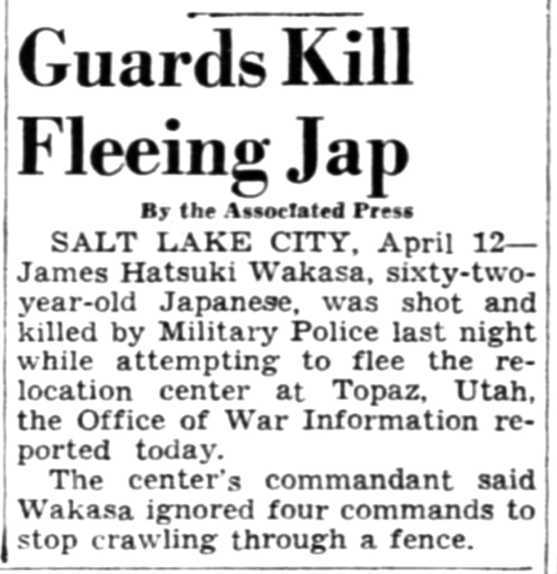 Newspaper clipping with headline about a Japanese man shot by guards during World War II internment in Utah.