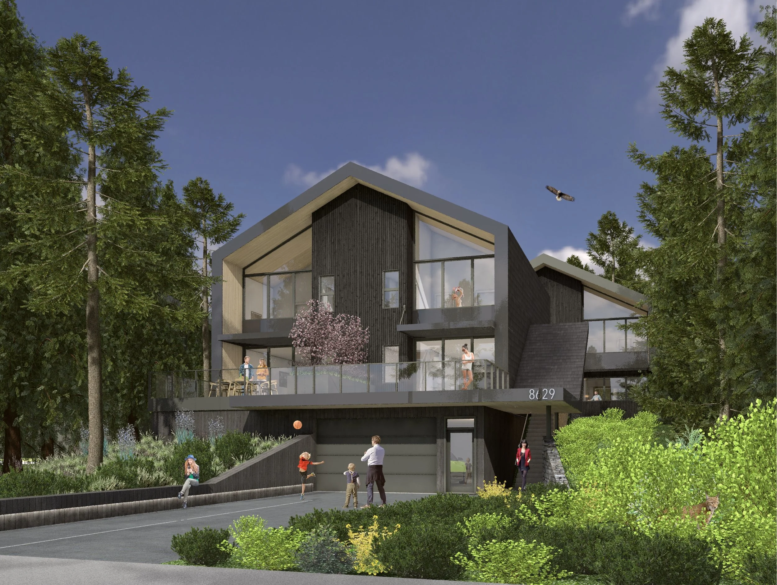 Architectural rendering of a contemporary small-scale multi-residential development featuring two gabled buildings with dark wood cladding, expansive glazing, landscaped outdoor terraces, and a shared entrance set within a forested residential site.