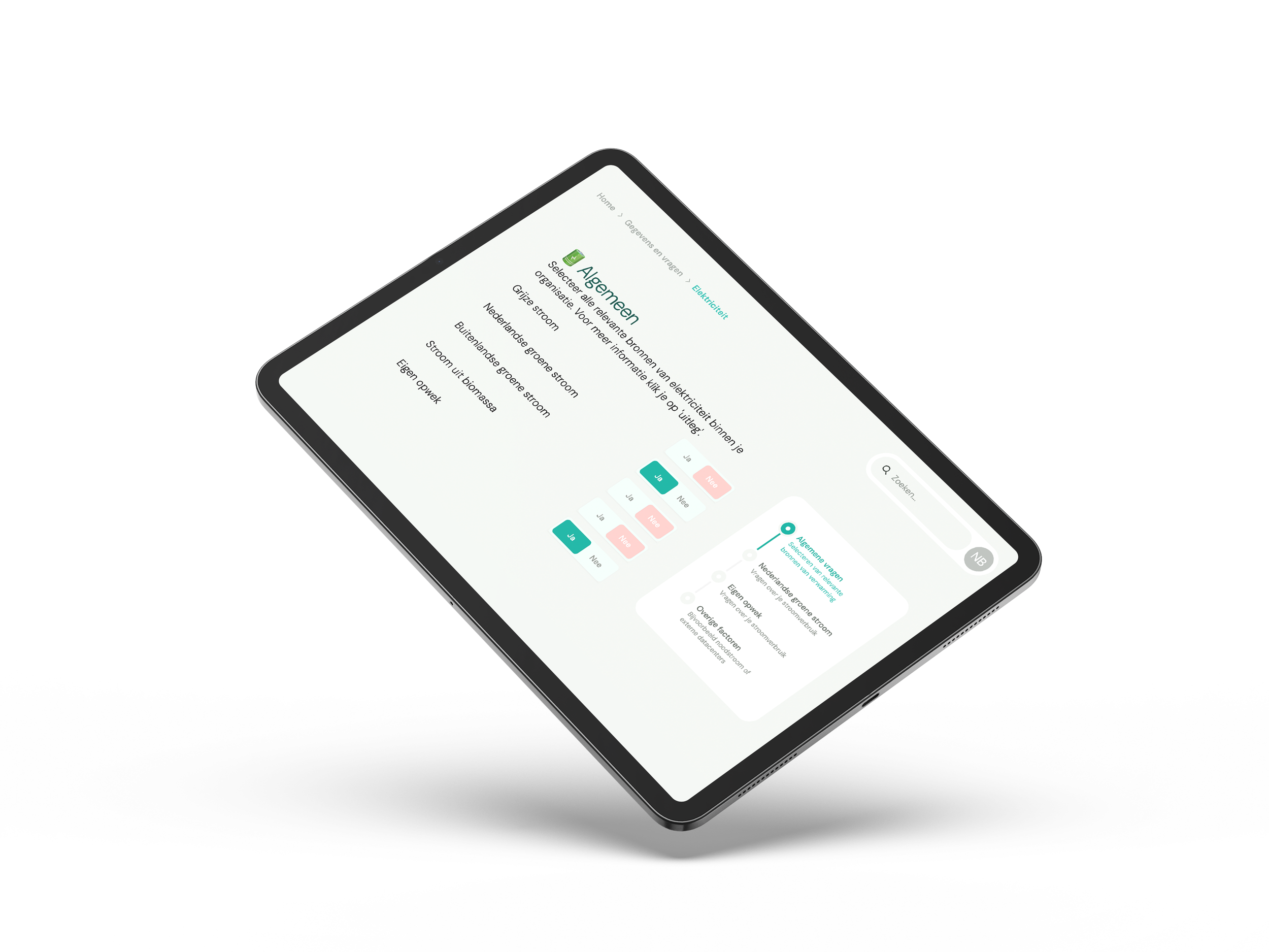 Tablet met een energievraag in het Nederlands over elektriciteit, met antwoordopties 'Ja', 'Nee', en 'Ik weet het niet'.