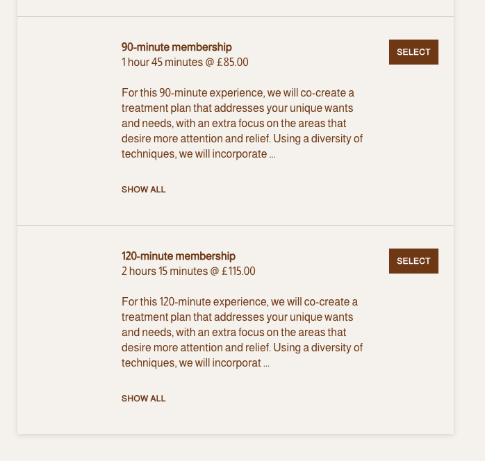 Pricing options for 90-minute and 120-minute membership sessions with descriptions and select buttons.