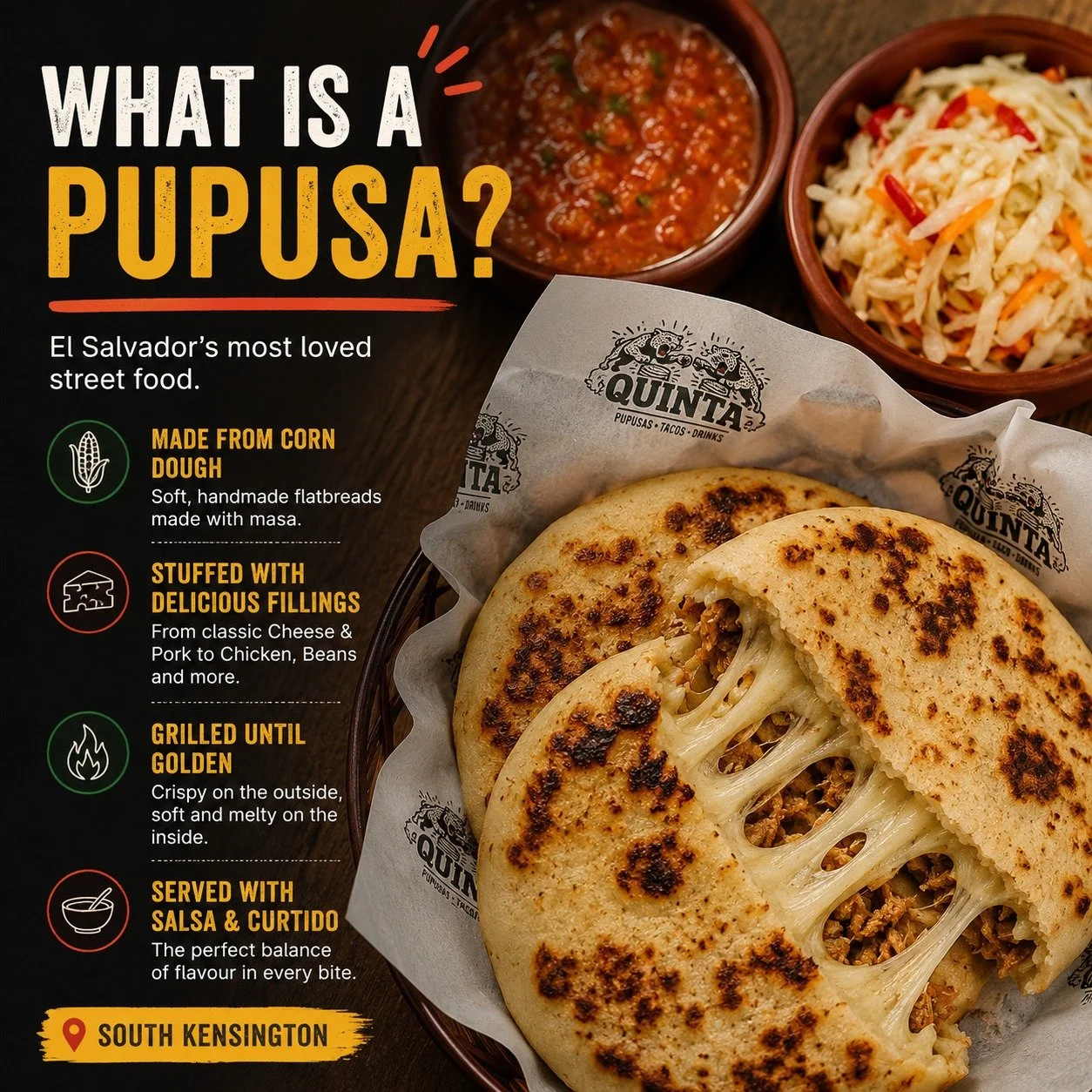 WHAT IS A PUPUSA? 🫓

A pupusa is El Salvador's most loved street food.

Made from corn dough, stuffed with delicious fillings and grilled until golden, it's traditionally served with salsa and curtido.

Simple. Comforting. Addictive.

If you've neve
