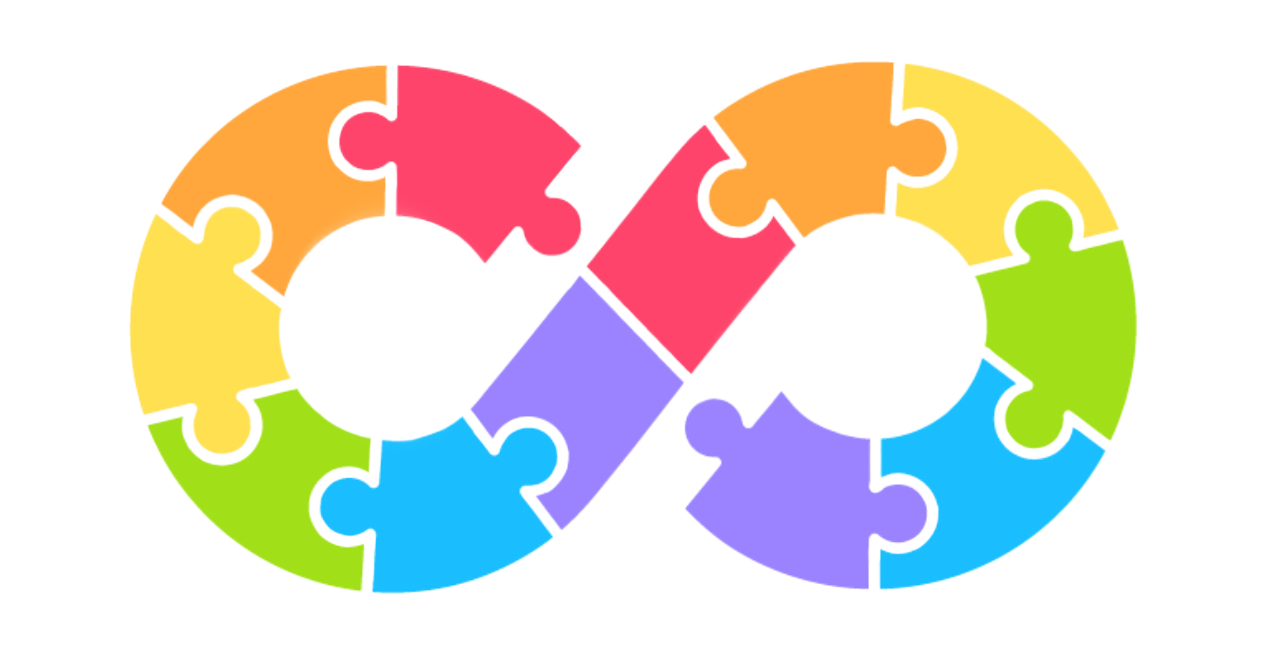 Colorful infinity symbol made of interlocking puzzle pieces in rainbow colors.