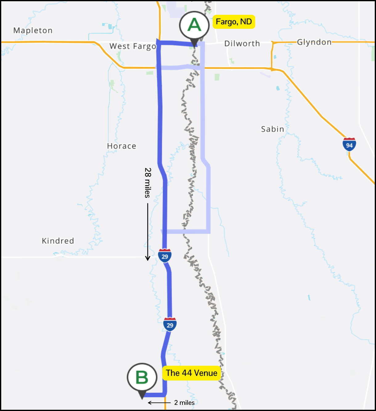Map showing a route from Fargo, ND to The 44 Venue, passing through Horace and near Kindred, with a distance of 28 miles on Interstate 29 and a total of 2 miles marked for a segment.