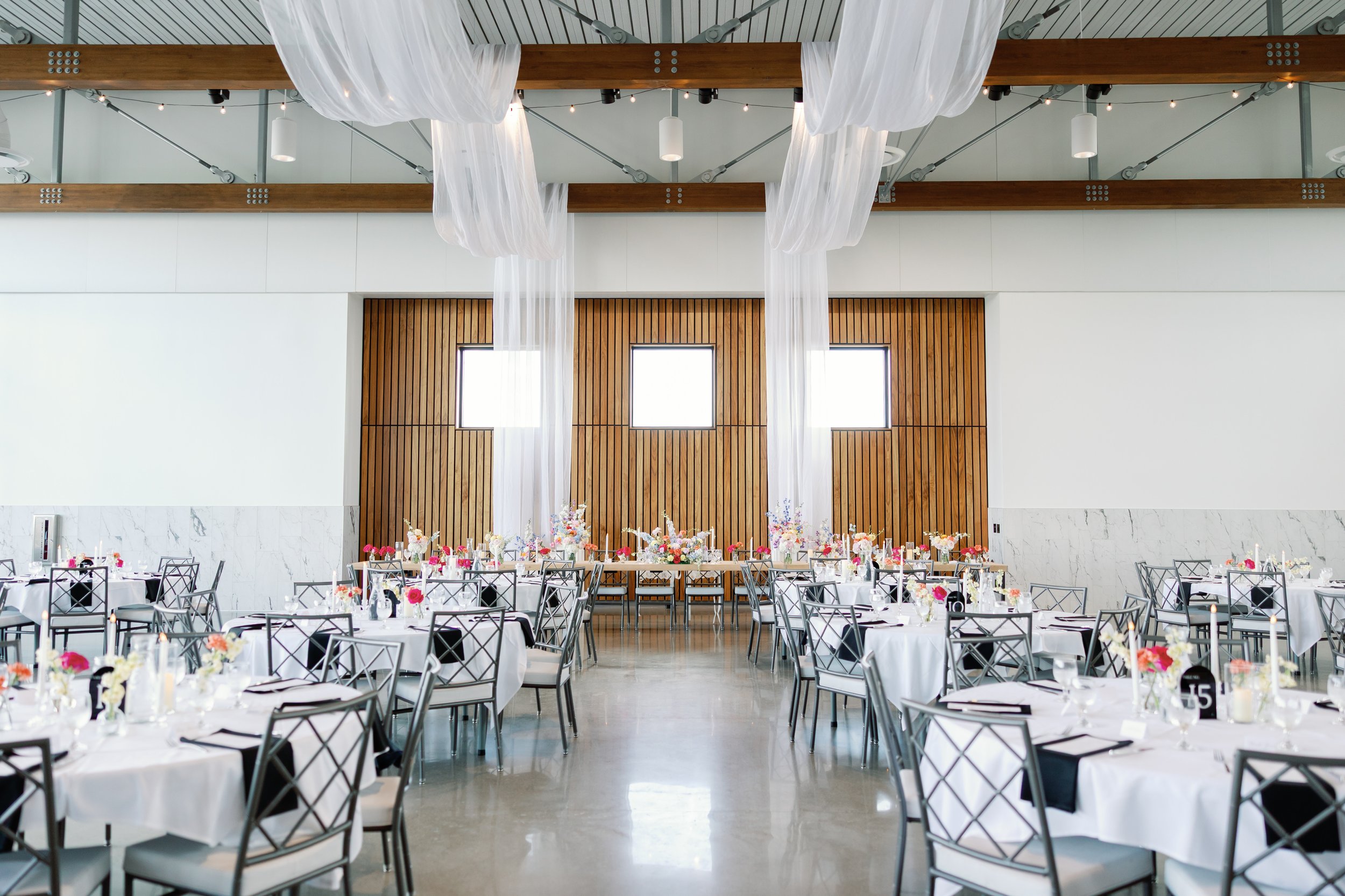 wedding reception with head table and decorations