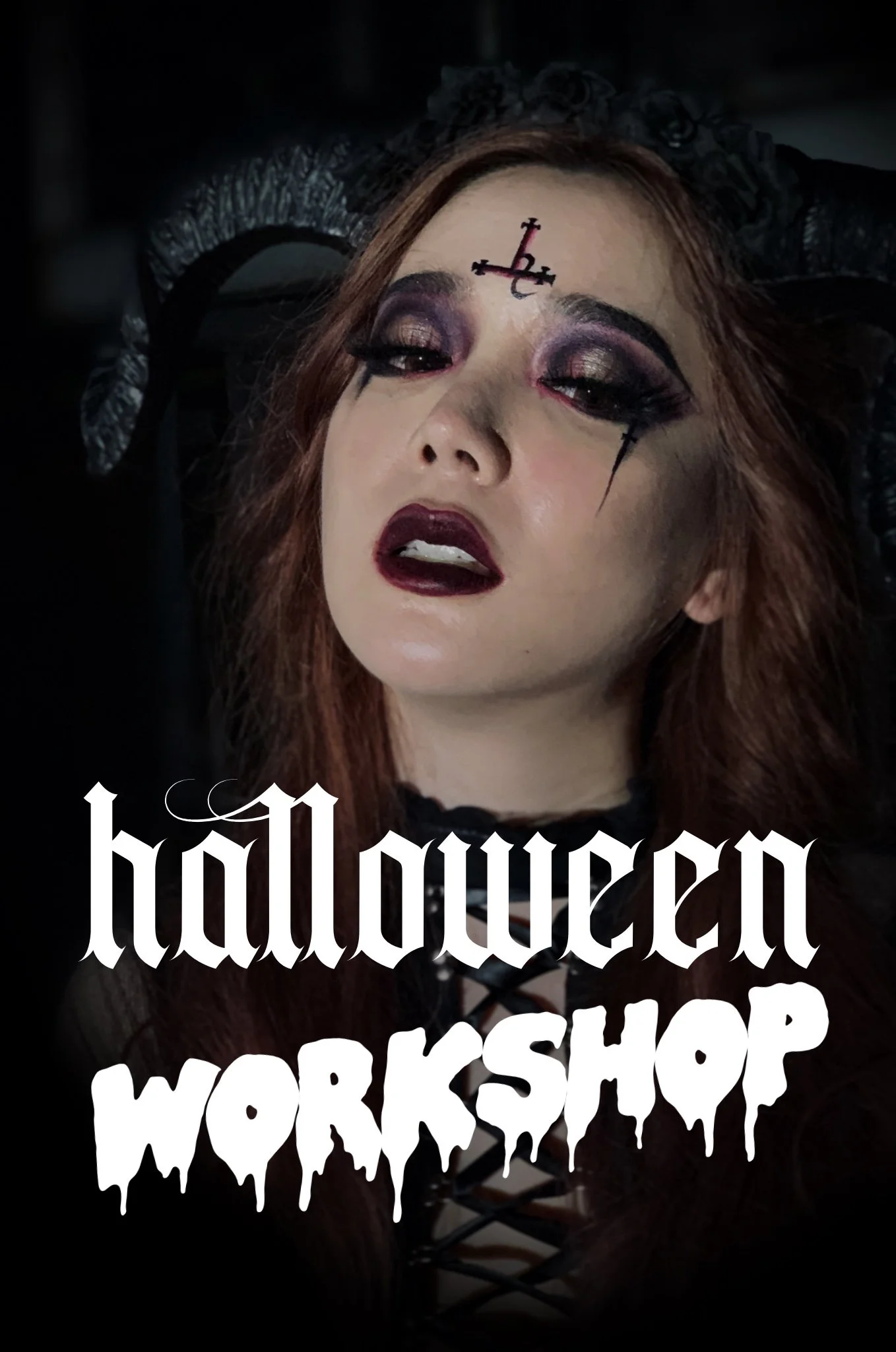 A woman with gothic makeup, dark eyeshadow, black lipstick, and a cross on her forehead. She is wearing a black lace headpiece and a black choker. Overlaid is the white text 'halloween WORKSHOP' in stylized font.