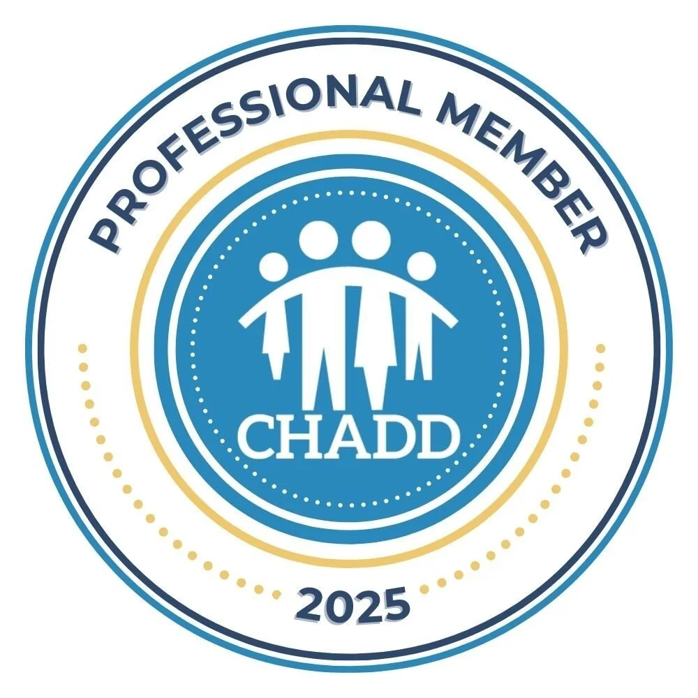 Seal with the text 'Professional Member CHADD 2025' surrounded by stylized human figures, primarily in blue, gold, and white colors.
