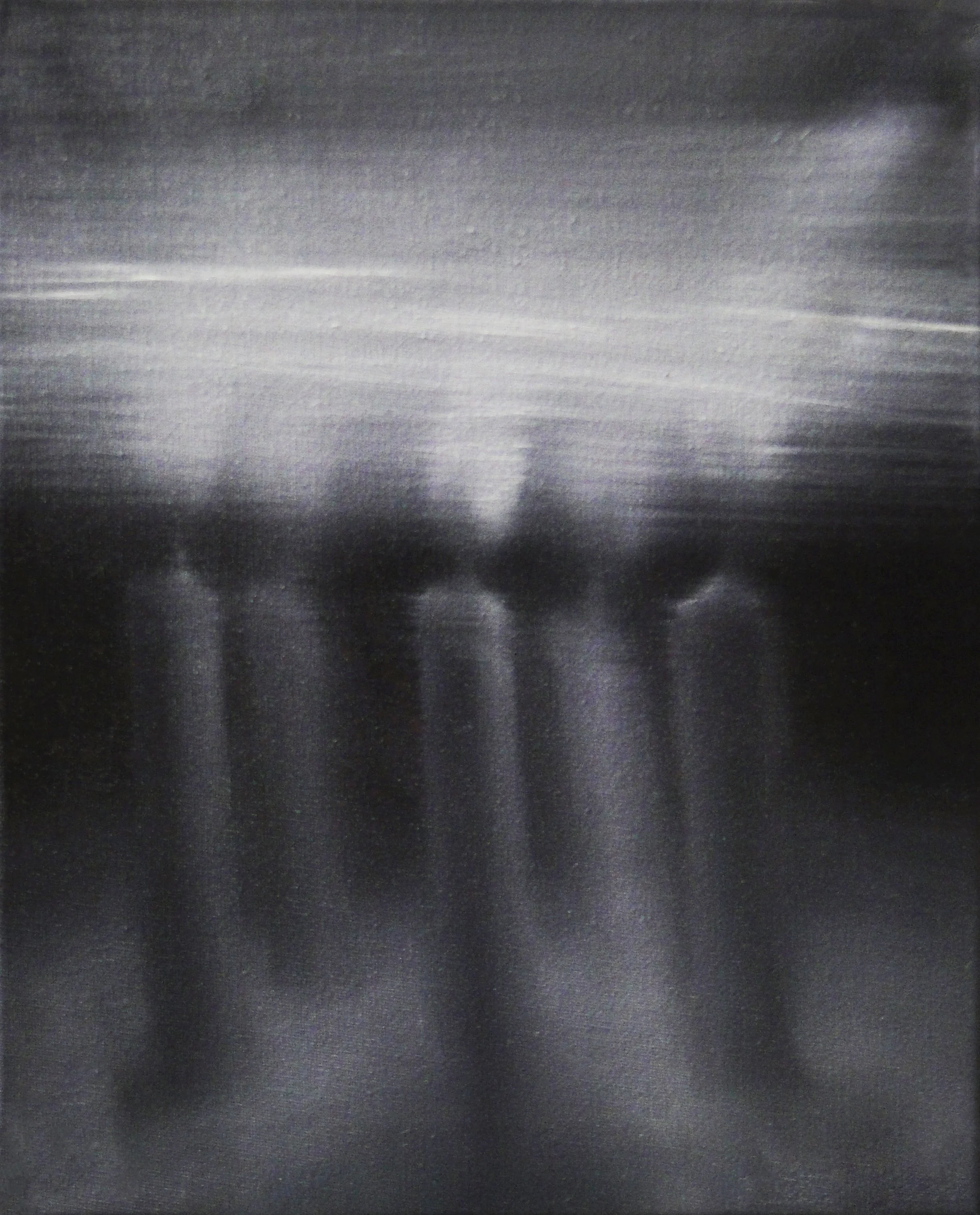 Five bourning candles in the dark, their light unites into a larger blur of white, oil painting on canvas by Beáta Székely painter from Budapest, Hungary