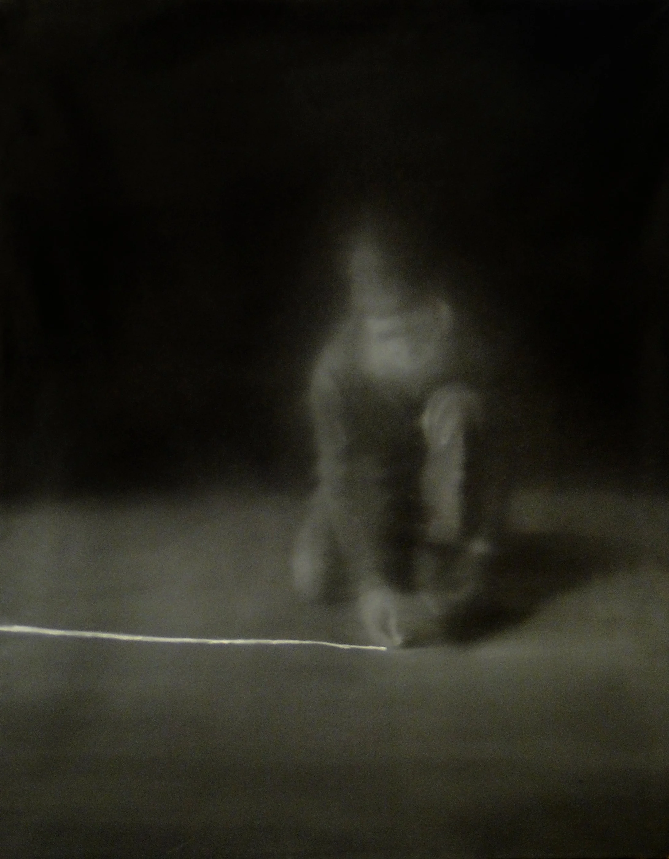 Boy drawing a white line on the asphalt gray blurred Eastern European oil painting on canvas by Beáta székely contemporary figurative artist