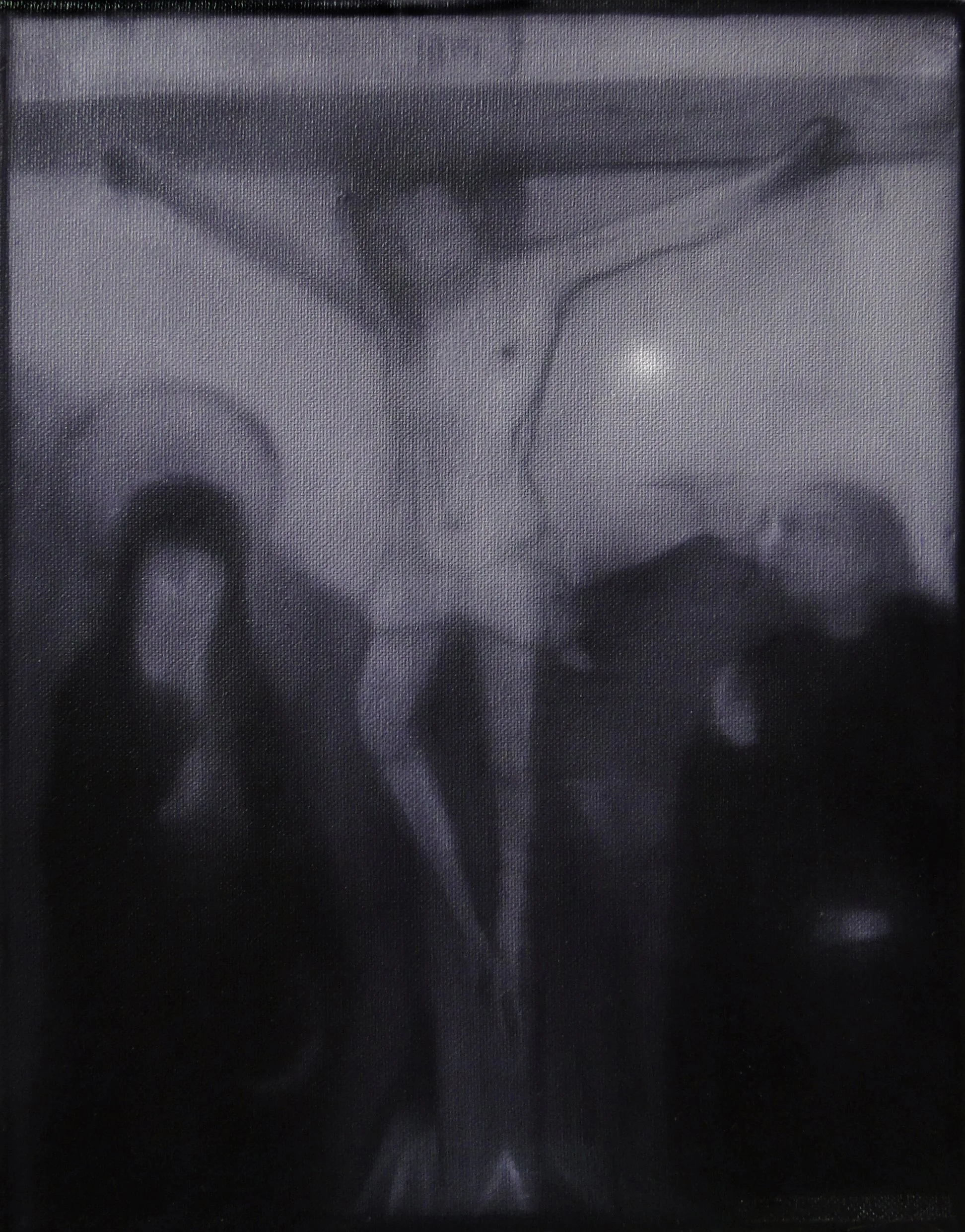 Paraphrase of Christ on cross Virgin Mary and Joseph, oil painting on canvas in gray, Beáta Székely Hungarian fine arts painter