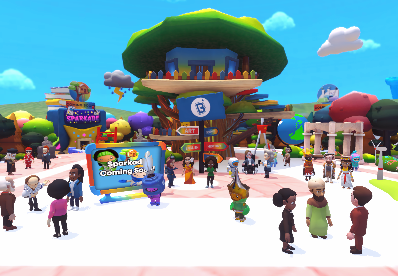 Colorful virtual scene of a town square with people and characters gathered around, a large tree with signs, and various attractions in the background, including a popcorn stand and signs for language, art, science, and history.
