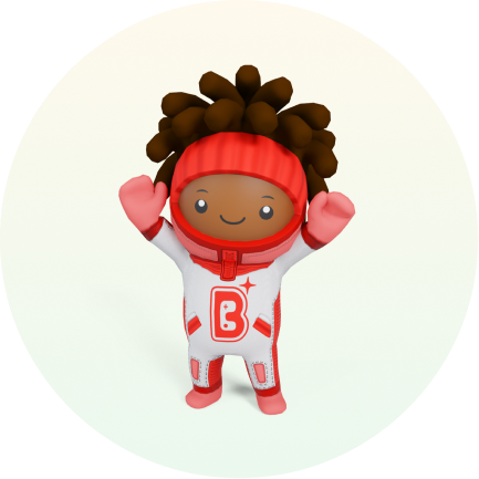 Cartoon character with dark skin, brown curly hair, wearing a red headband and a white and red space suit, waving.
