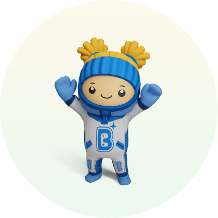 Cartoon character in a blue and gray spacesuit with yellow pigtails, waving with both hands.