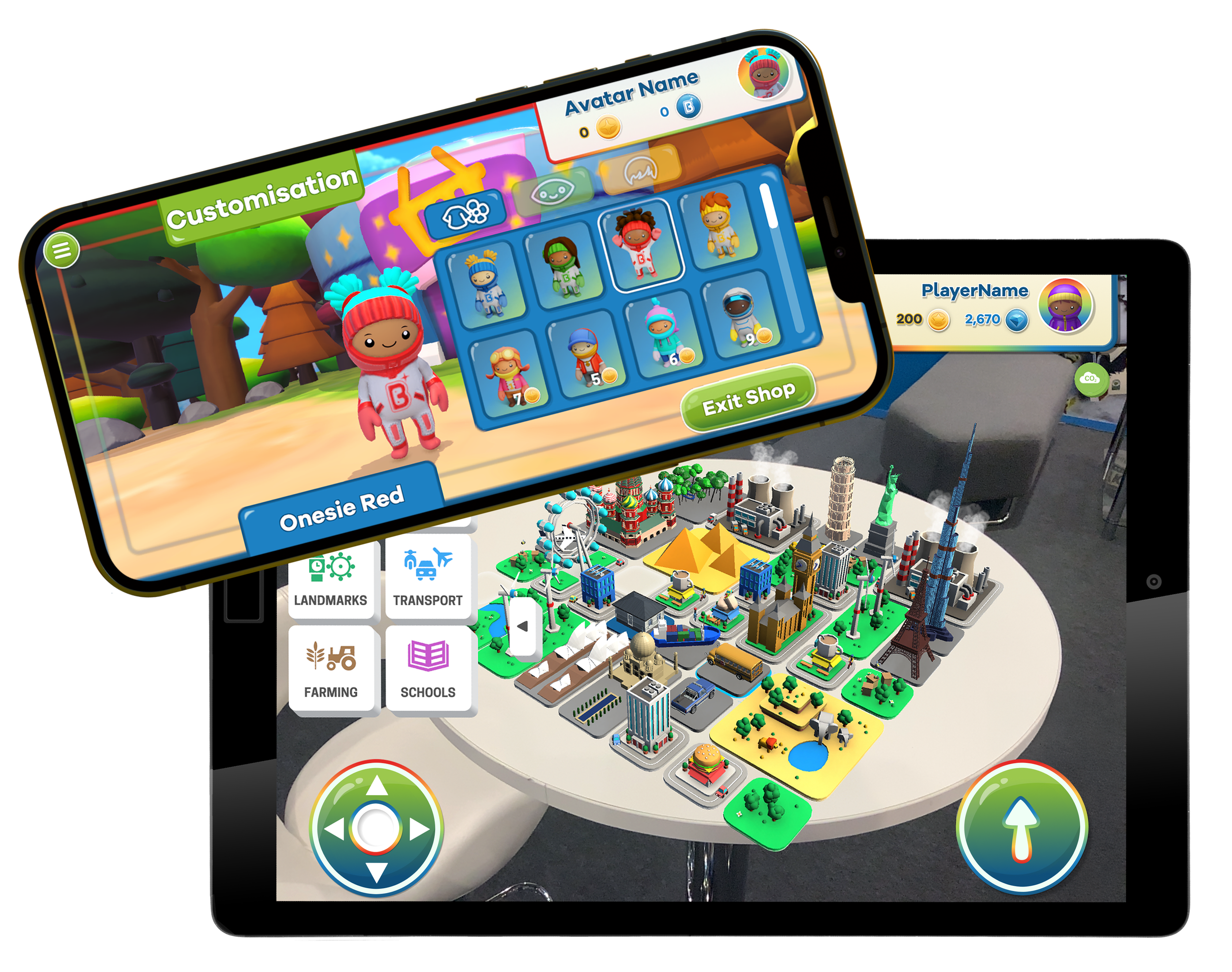 Digital tablet screens showing virtual game environments with character customization, city-building, and navigation icons.