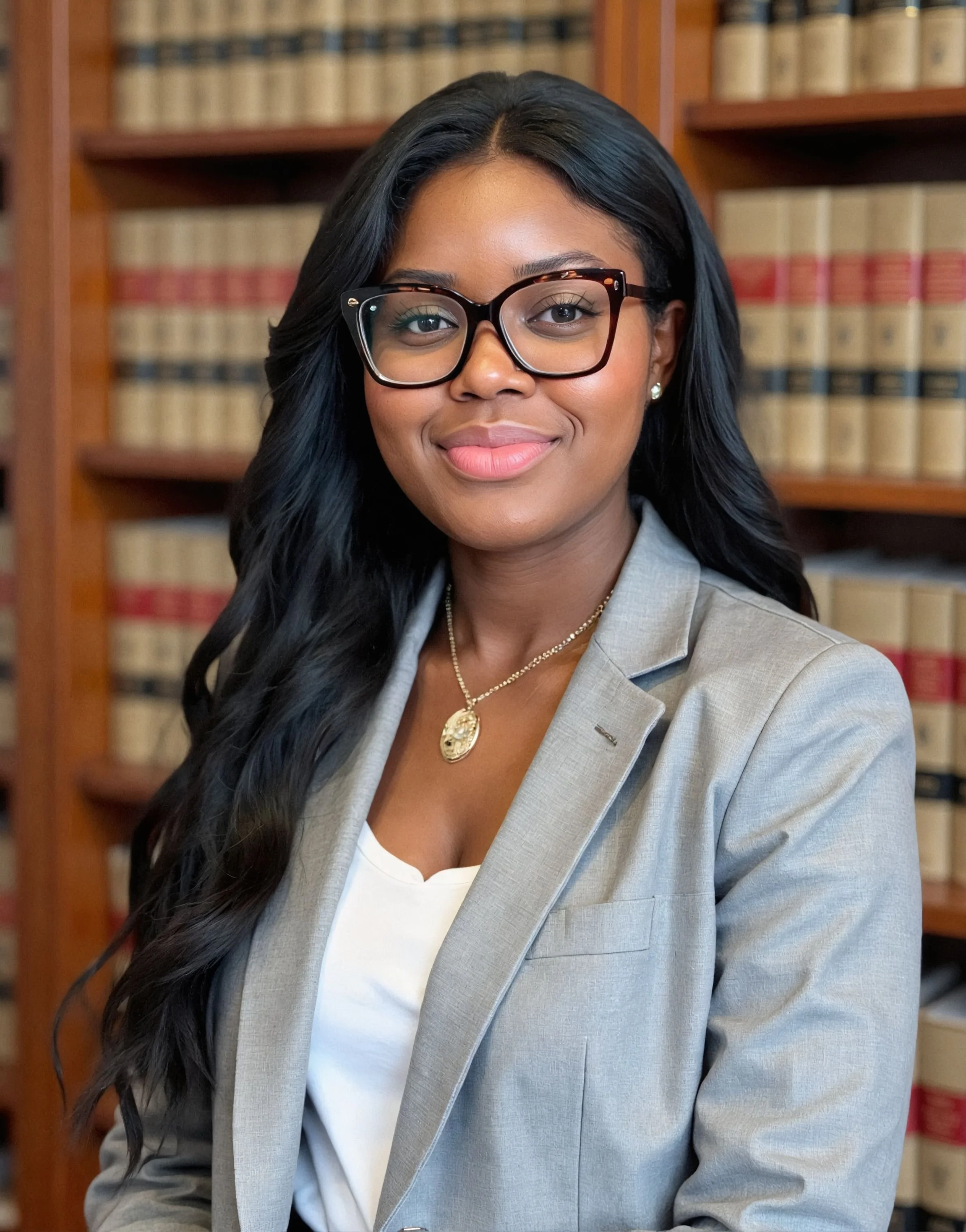 Kenyah Miller in glasses and a gray blazer, smiling in front of a bookshelf filled with legal books.