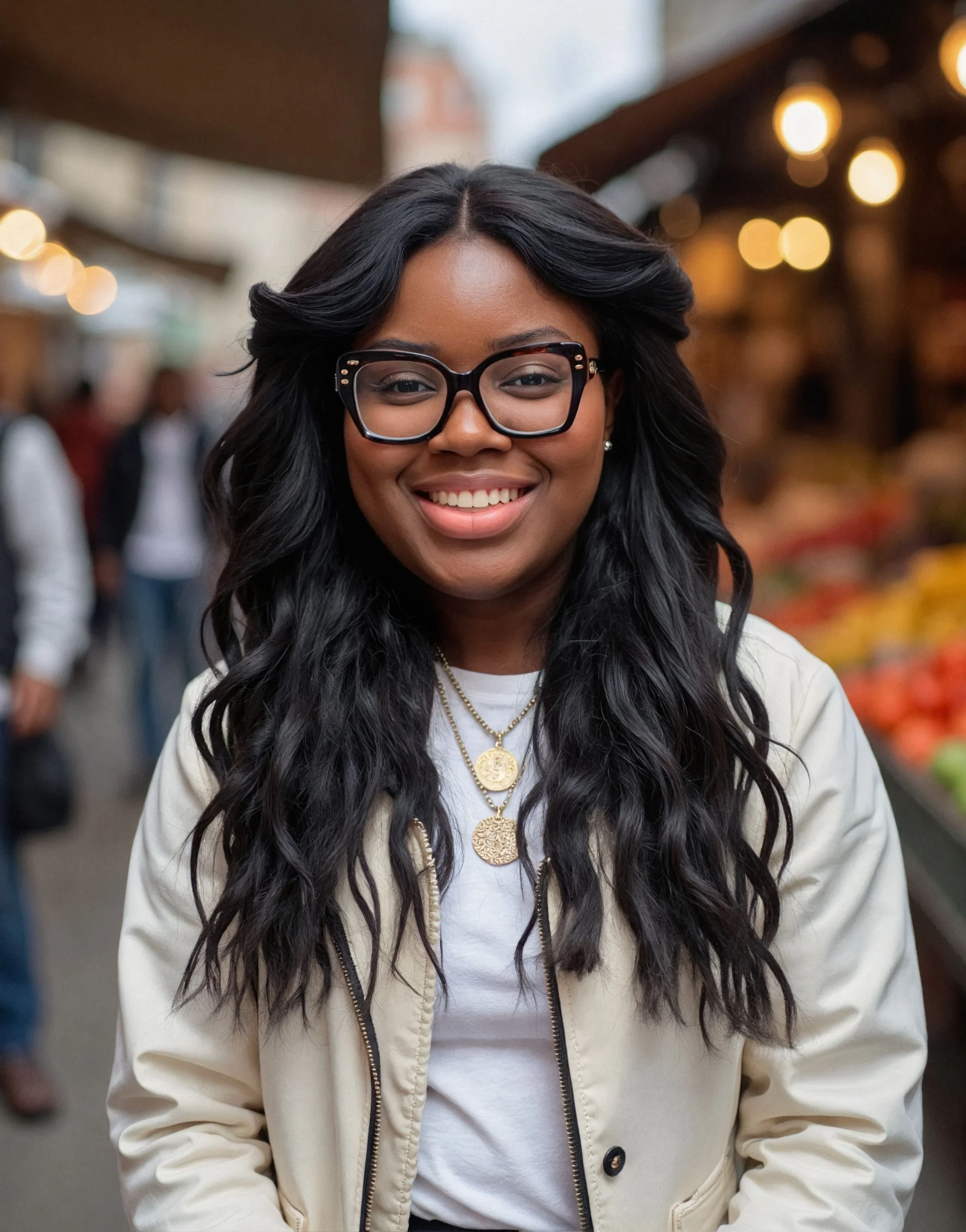 Kenyah Miller with long black wavy hair, wearing black glasses, gold necklaces, a white shirt, and a light jacket standing at an outdoor market with blurred people and produce in the background.