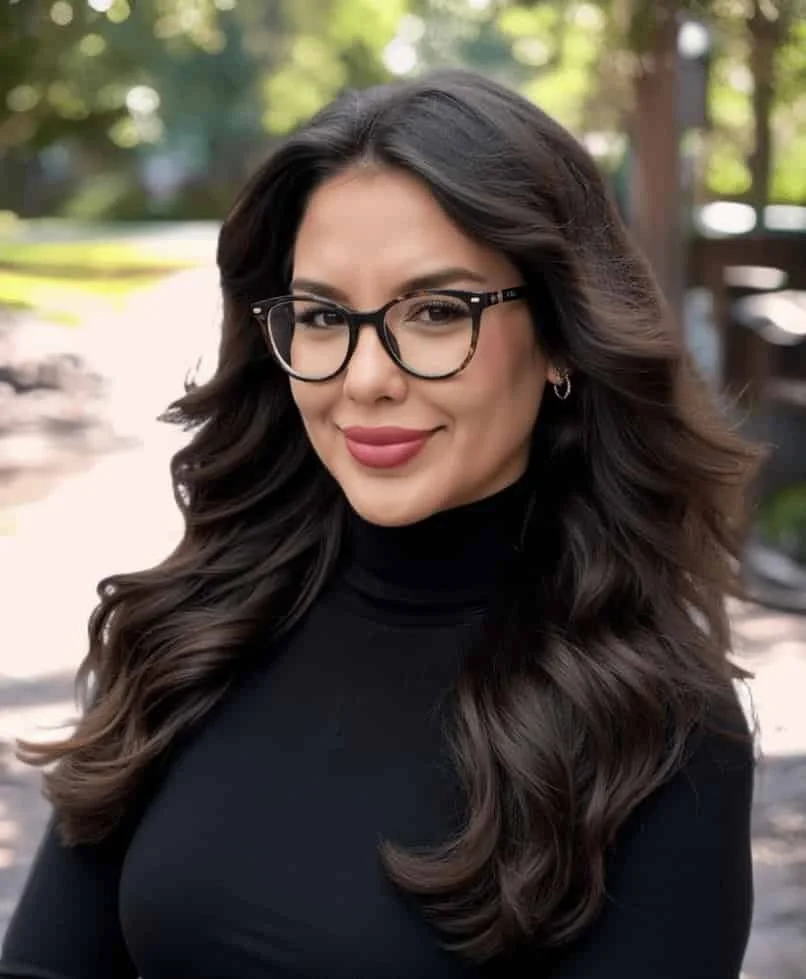 Christian therapist smiling outdoors, wearing glasses and a black turtleneck, with blurred trees behind her.