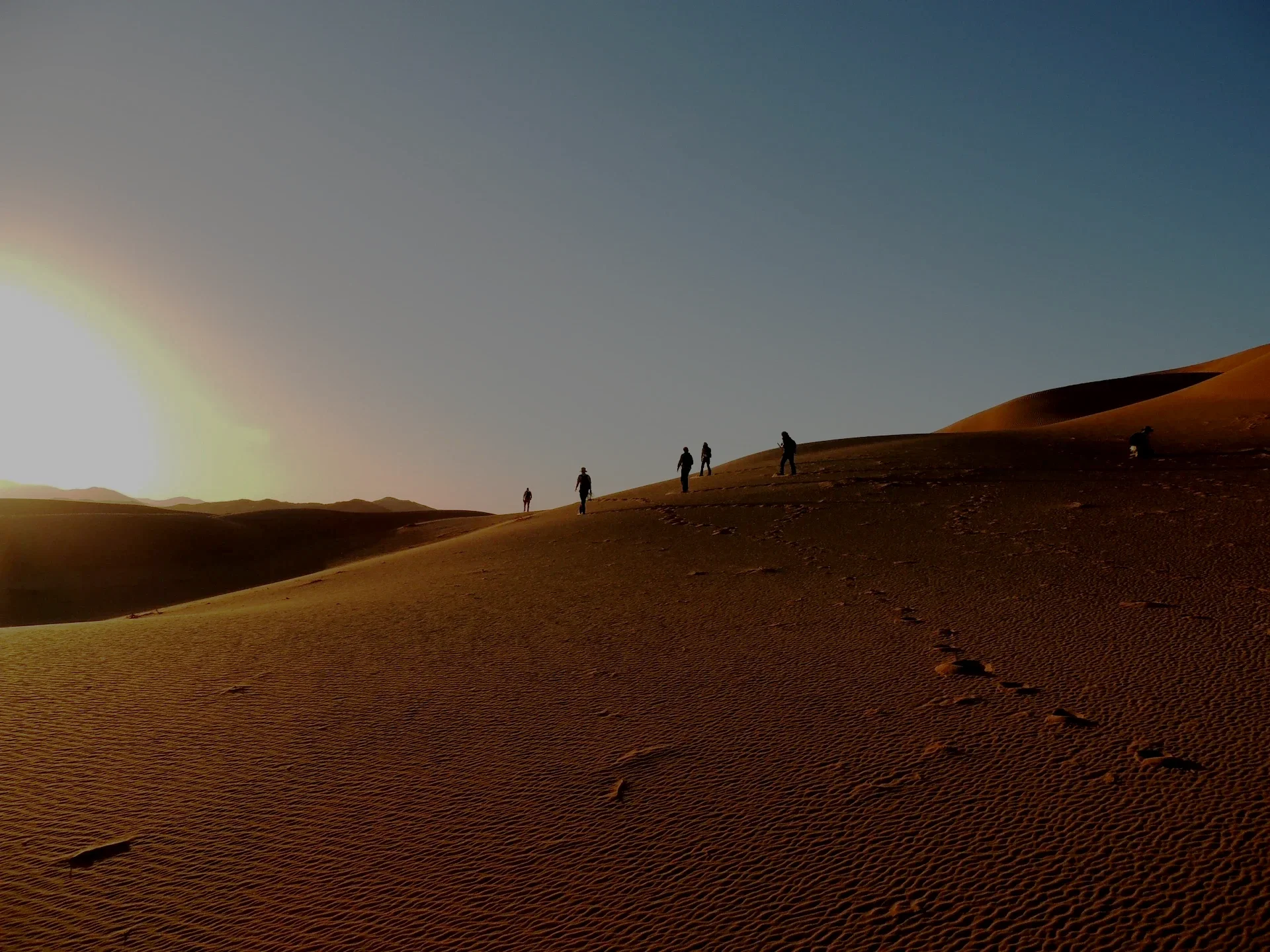 Group of hikers walking up sandy desert dunes during sunset.