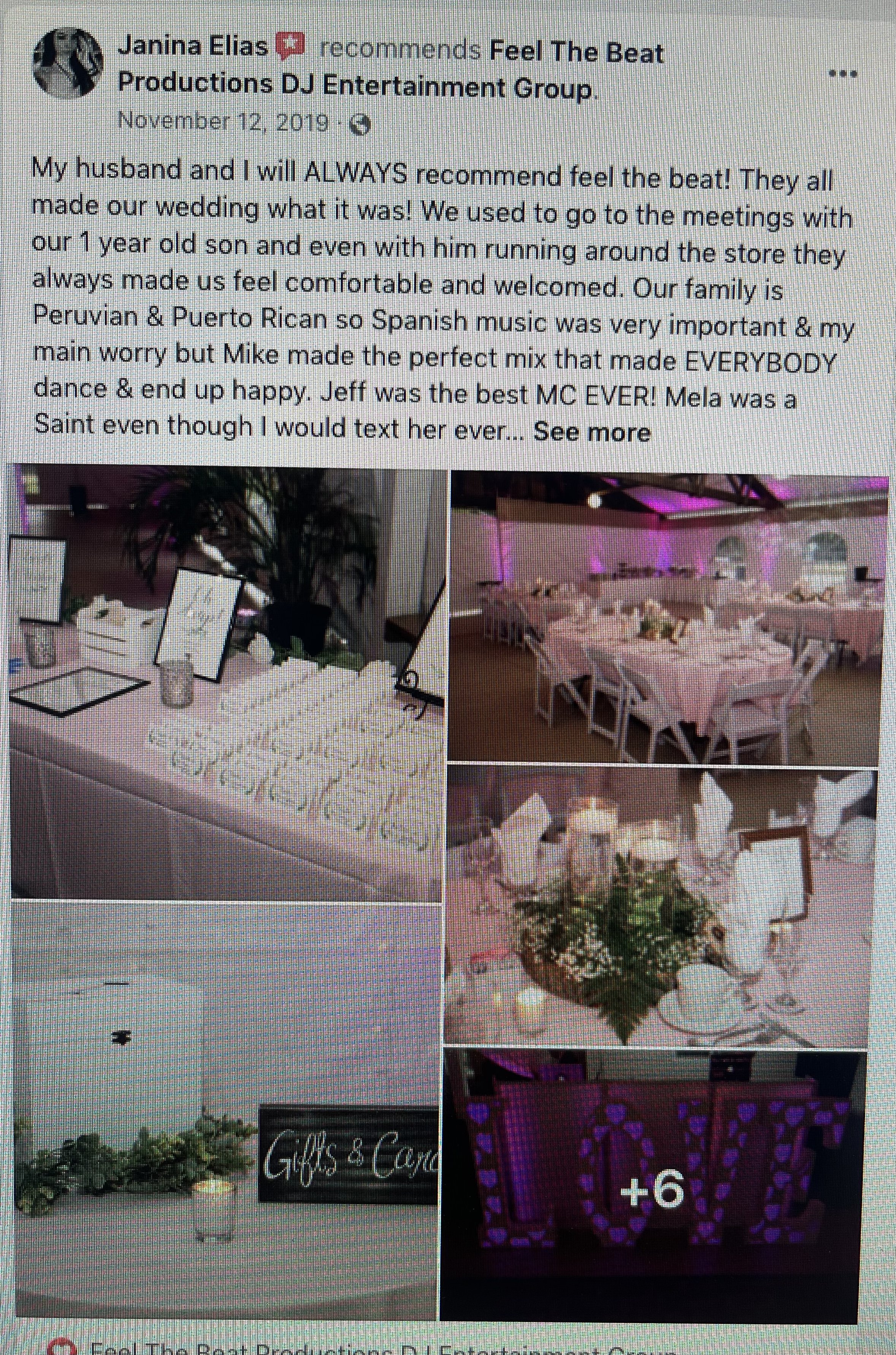 Wedding reception setup with testimonial text and decorations, including tables set with place cards and floral centerpieces, a gift table with a "Gifts & Cards" sign, and illuminated "LOVE" letters.