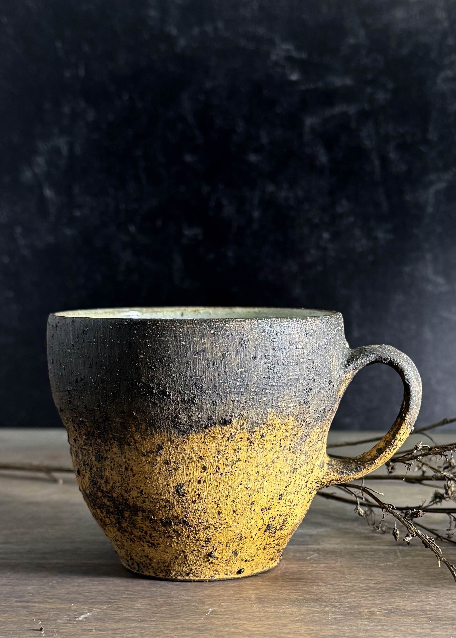 2025, 3.5h x 3.75w, 11oz, thrown, wild slip, underglaze, aggregates, lava ash