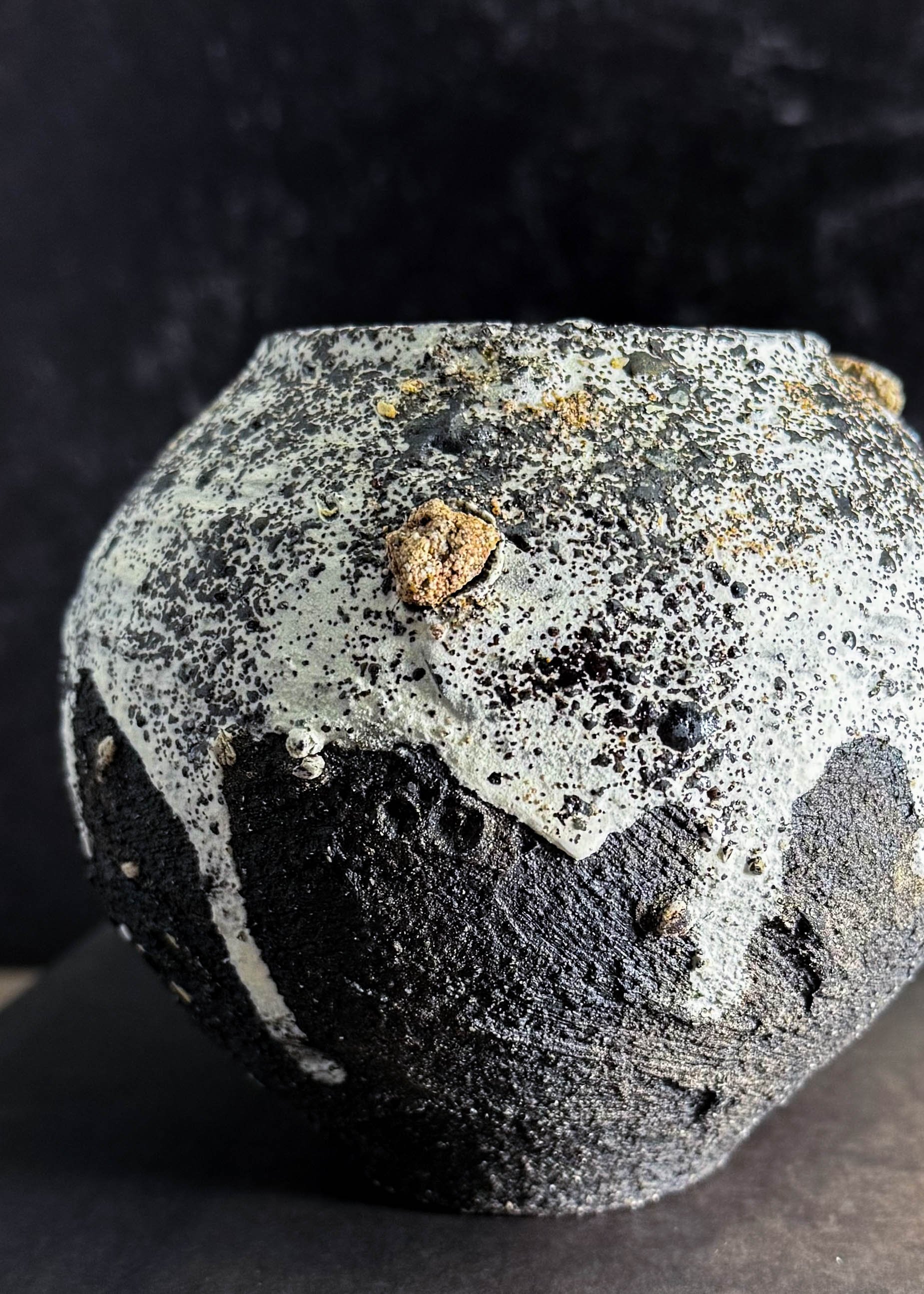 2025, 4.5h x 4.5w, thrown, layered slips, aggregates, lava ash