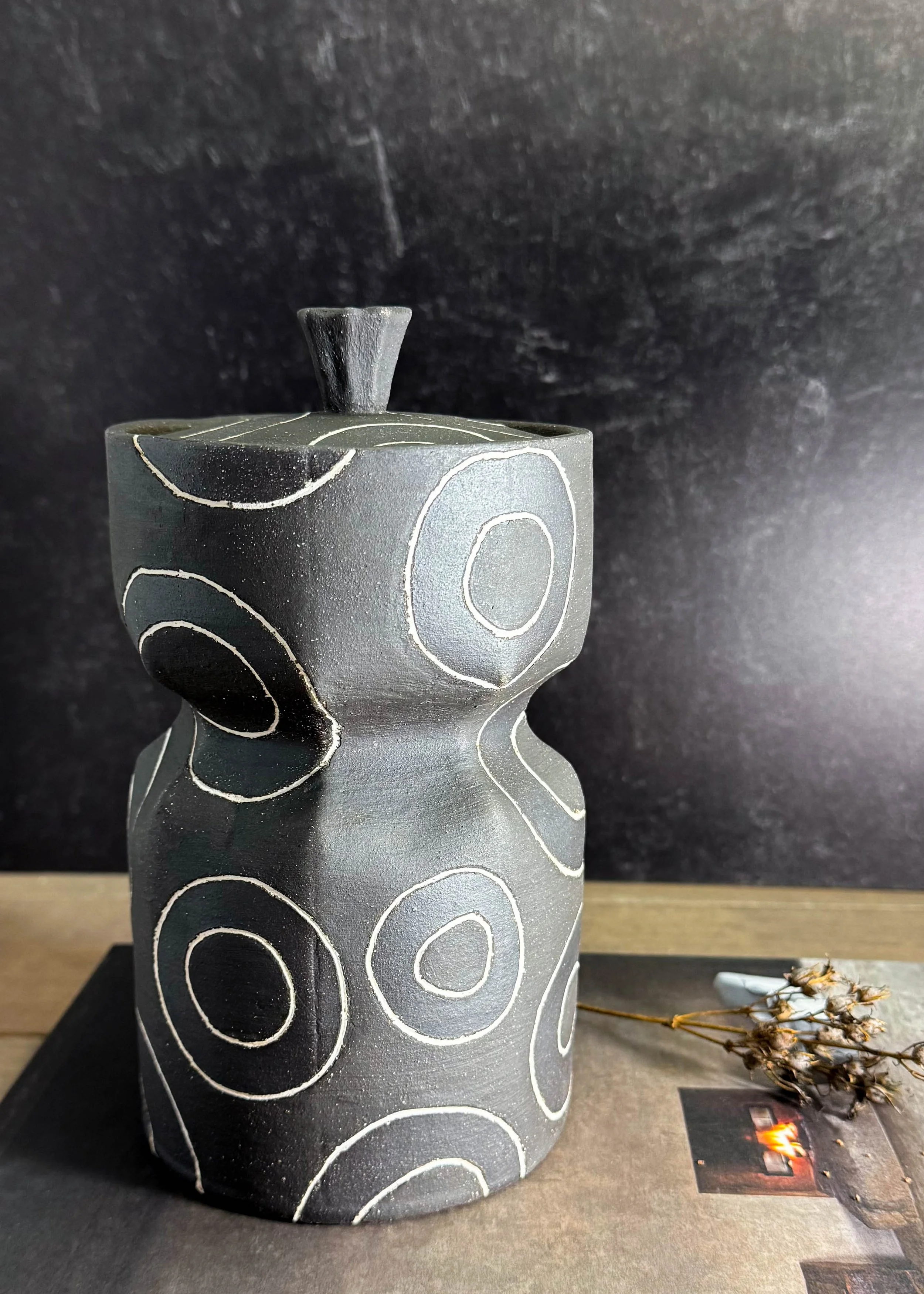 2025, 8h x 4.5w, slab-built, oxides, textured slip, carvings