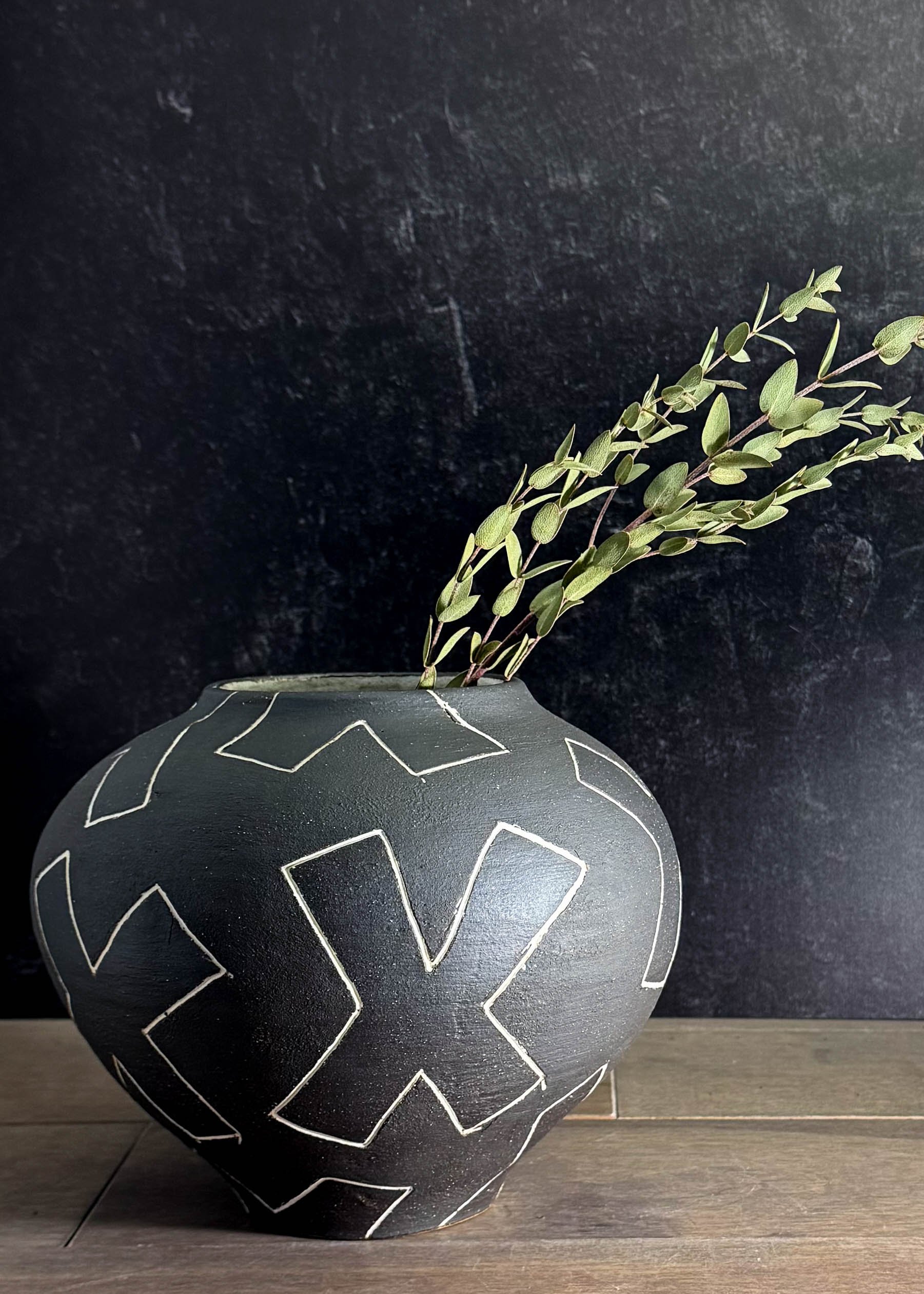 2025, 7h x 8.5w, wheelthrown, oxides, textured slip, carvings