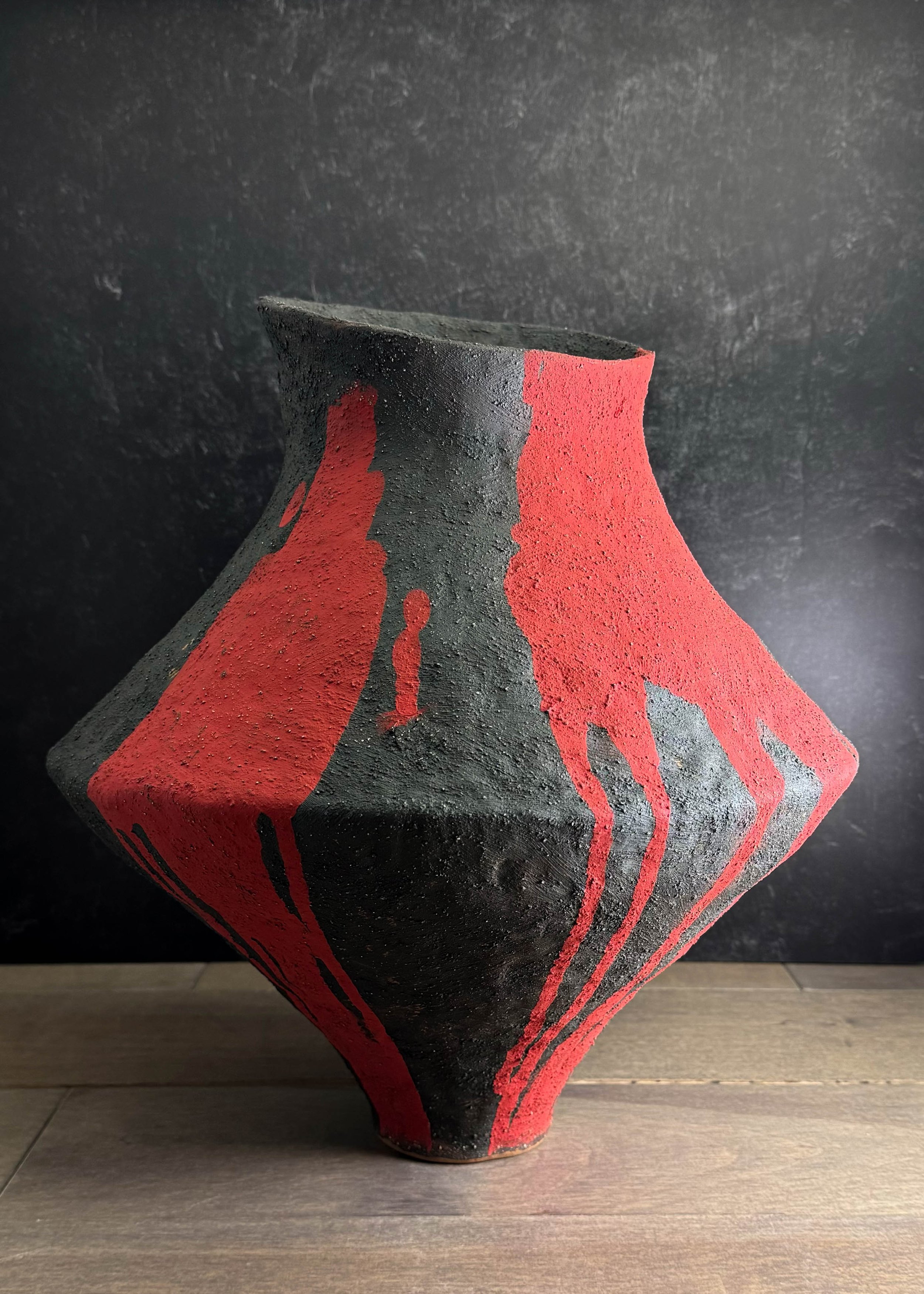 2024, 14.5h x 14w, coil-built, textured slips and underglaze
