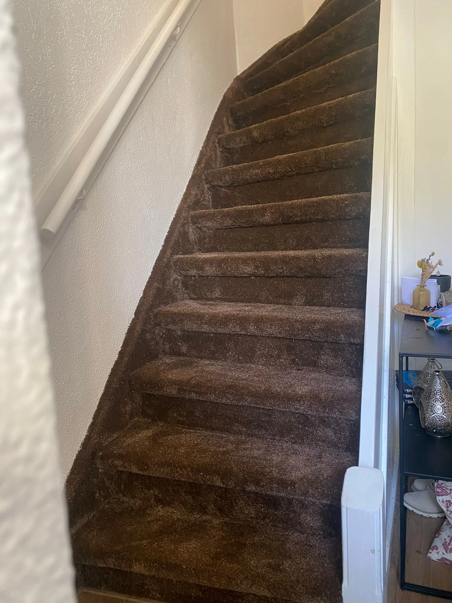 Binnen trappen met een apekooi vloerbedekking, een muur en een zijtafel met decoratieve objecten zoals een plant en schoenen.