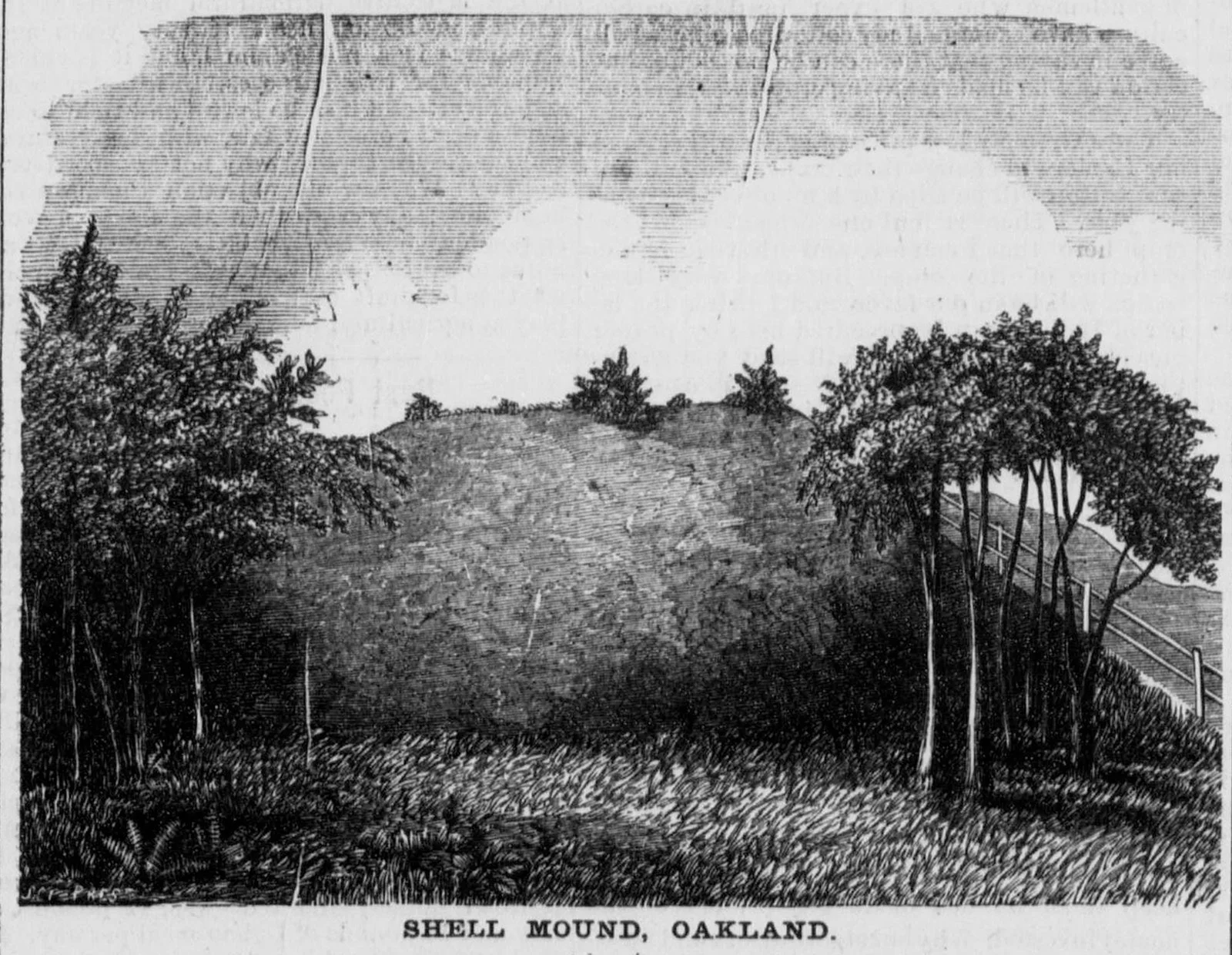 A 19th-century engraving of a large grassy mound beside the bay shore, with trees and a few small figures.