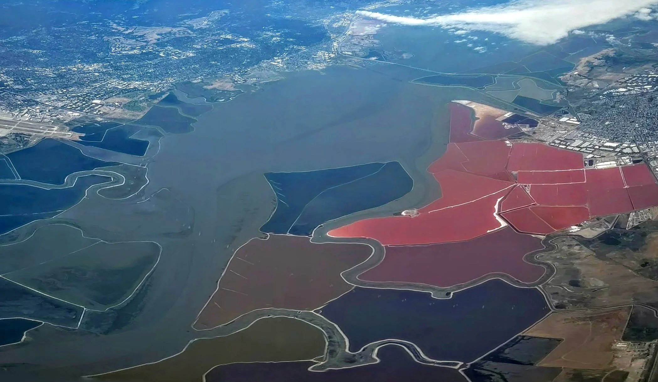 A broad aerial view of the South Bay, with red, maroon and blue salt ponds, sloughs and marsh islands spreading toward the cities along the shore.