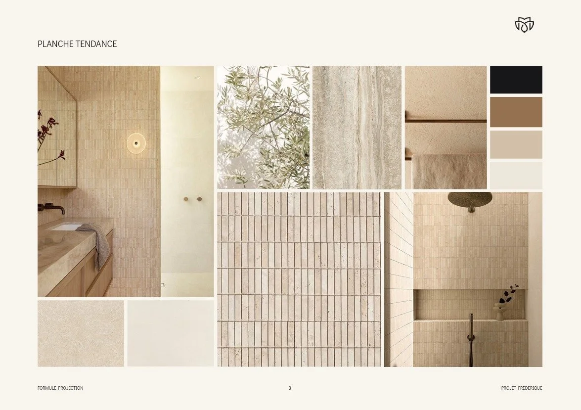 &bull; Projet Fr&eacute;d&eacute;rique &bull;

Voici la planche tendance du projet Fr&eacute;d&eacute;rique, r&eacute;alis&eacute;e en formule Projection. L&rsquo;objectif : repenser enti&egrave;rement une grande salle de bain d&eacute;j&agrave; baig