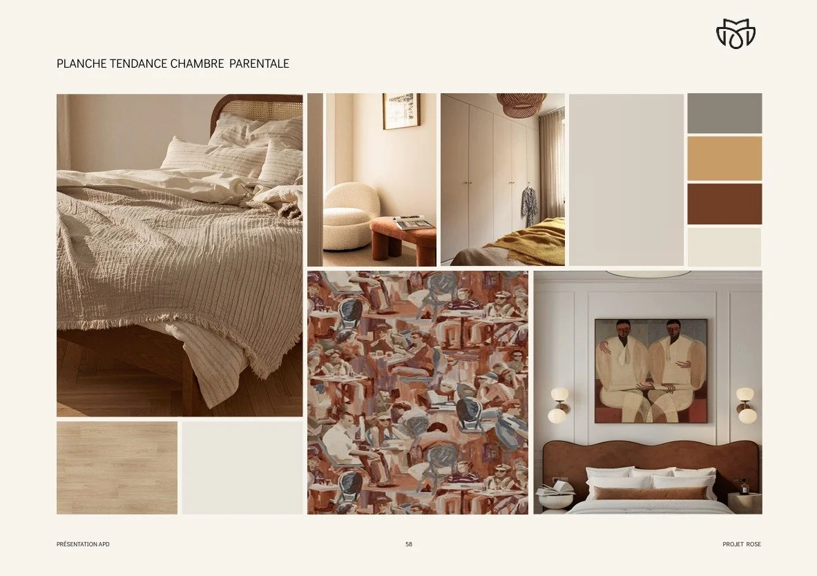 &bull; Projet Rose &bull;

Voici la planche tendance de la chambre parentale, o&ugrave; un papier peint au design original vient apporter du caract&egrave;re &agrave; l&rsquo;espace.

La pi&egrave;ce &eacute;tant spacieuse, nous avons pu y int&eacute