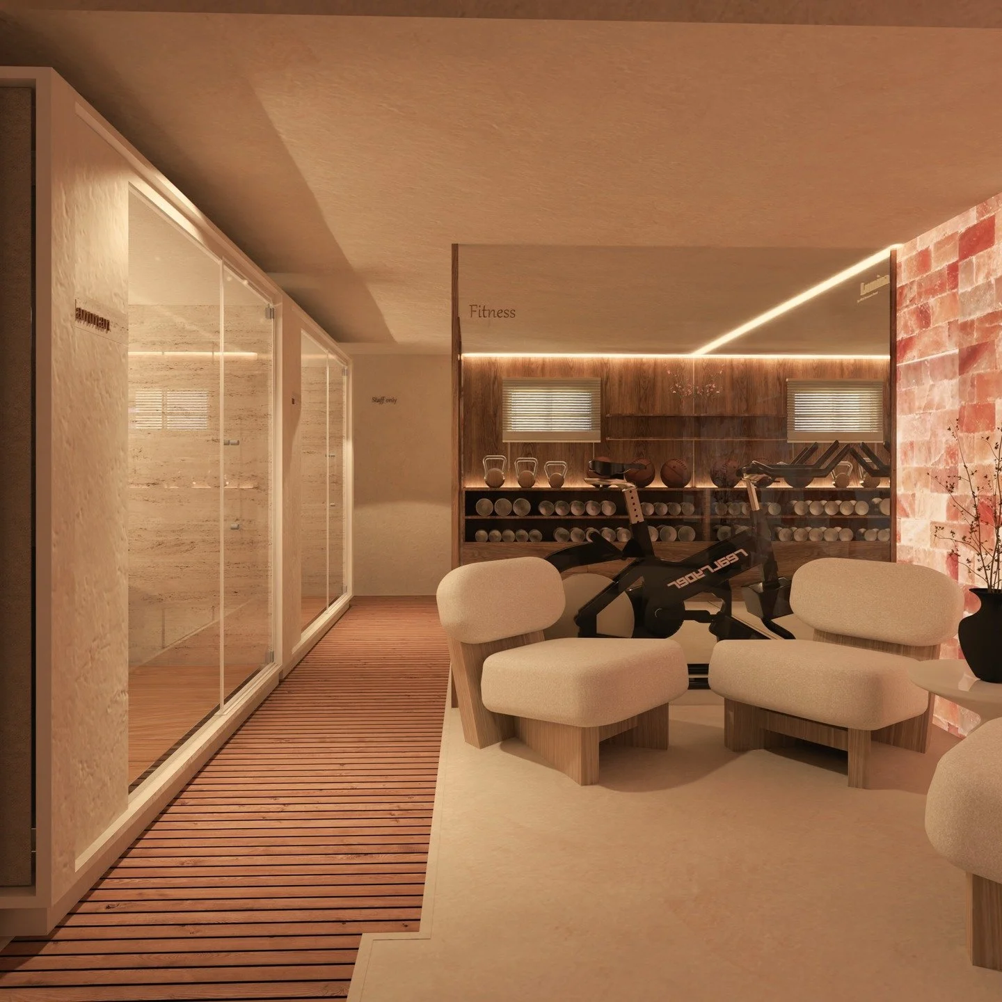 &bull; Projet Lumina &bull;

Voici le deuxi&egrave;me espace du spa : un lieu pens&eacute; pour la d&eacute;tente profonde et la revitalisation du corps. On y d&eacute;couvre un mur de sel r&eacute;tro&eacute;clair&eacute;, dont la lumi&egrave;re dou