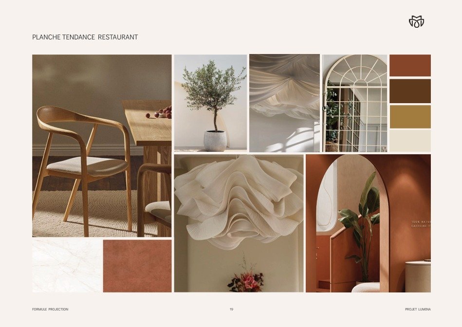 &bull; Projet Lumina &bull;

Voici la planche tendance de la partie restaurant du projet Lumina. 

L&rsquo;id&eacute;e : mettre en valeur la brique rouge du b&acirc;timent gr&acirc;ce au terracotta, int&eacute;grer quelques clins d&rsquo;&oelig;il &a