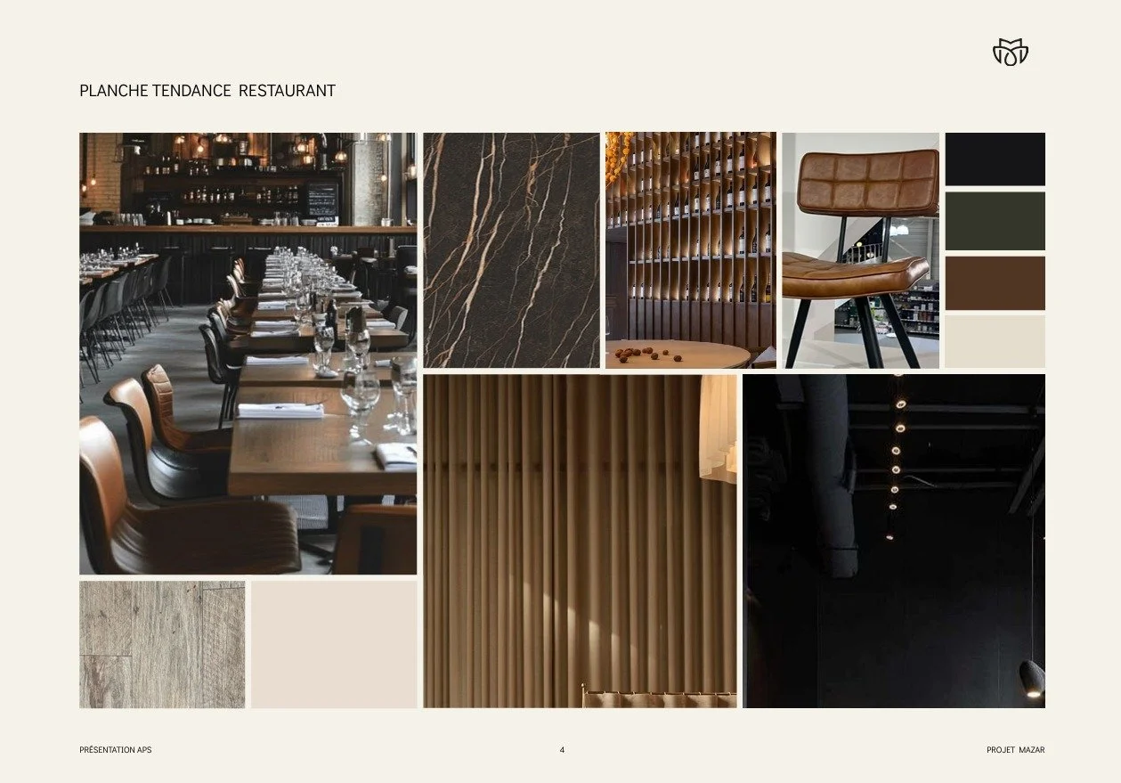 &bull; Projet Mazar &bull;

Une ambiance chaleureuse, &eacute;l&eacute;gante et intemporelle, pens&eacute;e pour sublimer l&rsquo;exp&eacute;rience client d&egrave;s l&rsquo;entr&eacute;e.

La palette se veut profonde et enveloppante, m&ecirc;lant no