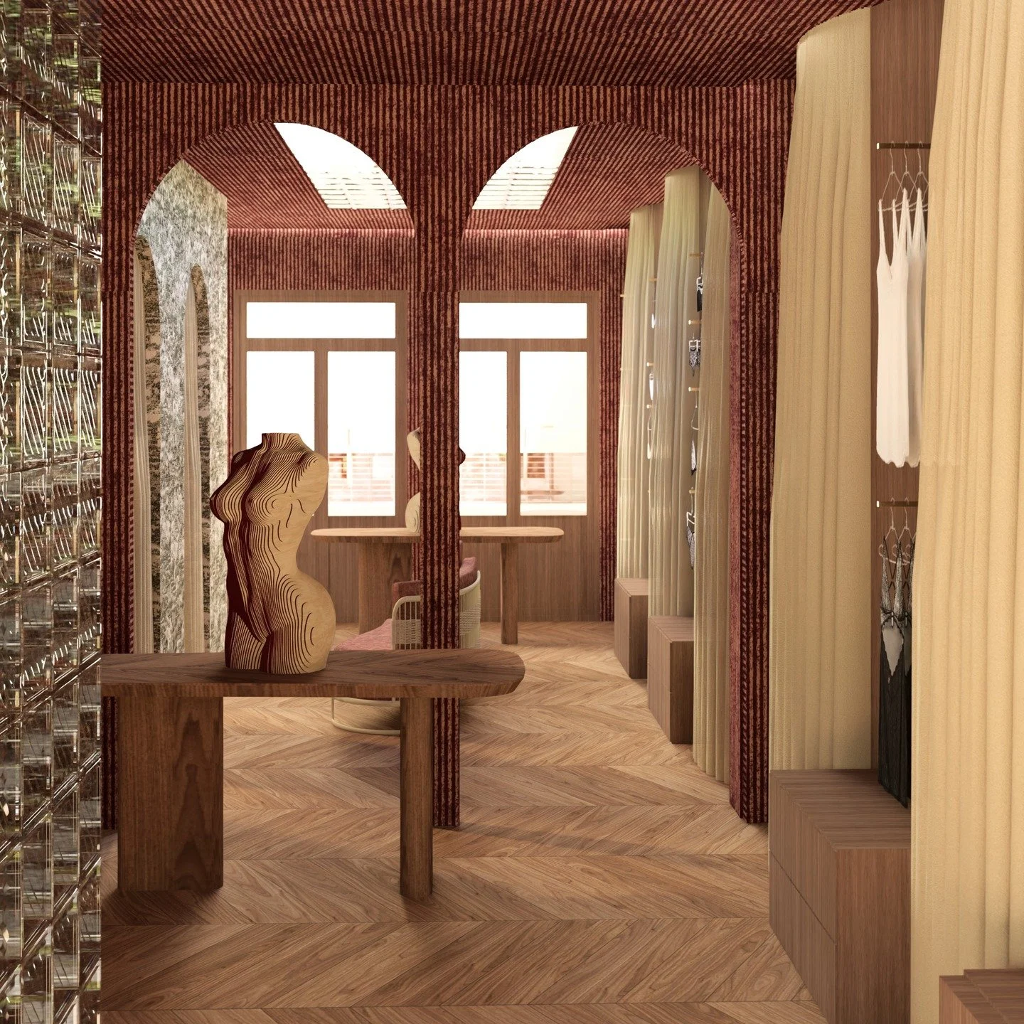 &bull; Projet Aude &bull;

Premi&egrave;res 3D pour ce projet de boutique de lingerie haut de gamme.
Un univers chaleureux, enveloppant et sophistiqu&eacute;, pens&eacute; pour sublimer les mati&egrave;res et les silhouettes.

Le c&oelig;ur du projet