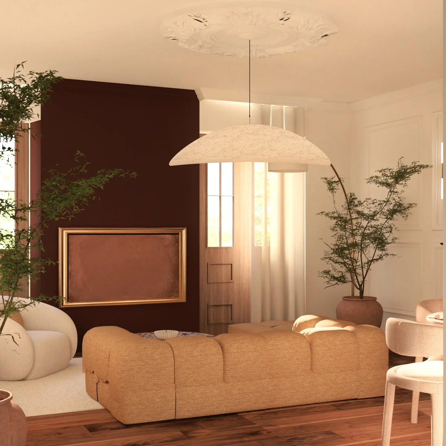 &bull; Projet C&eacute;lia &bull;

Voici les premi&egrave;res vues 3D de l&rsquo;espace s&eacute;jour.

Le salon est volontairement plac&eacute; au centre de la pi&egrave;ce, sans canap&eacute; contre les murs, pour cr&eacute;er une atmosph&egrave;re